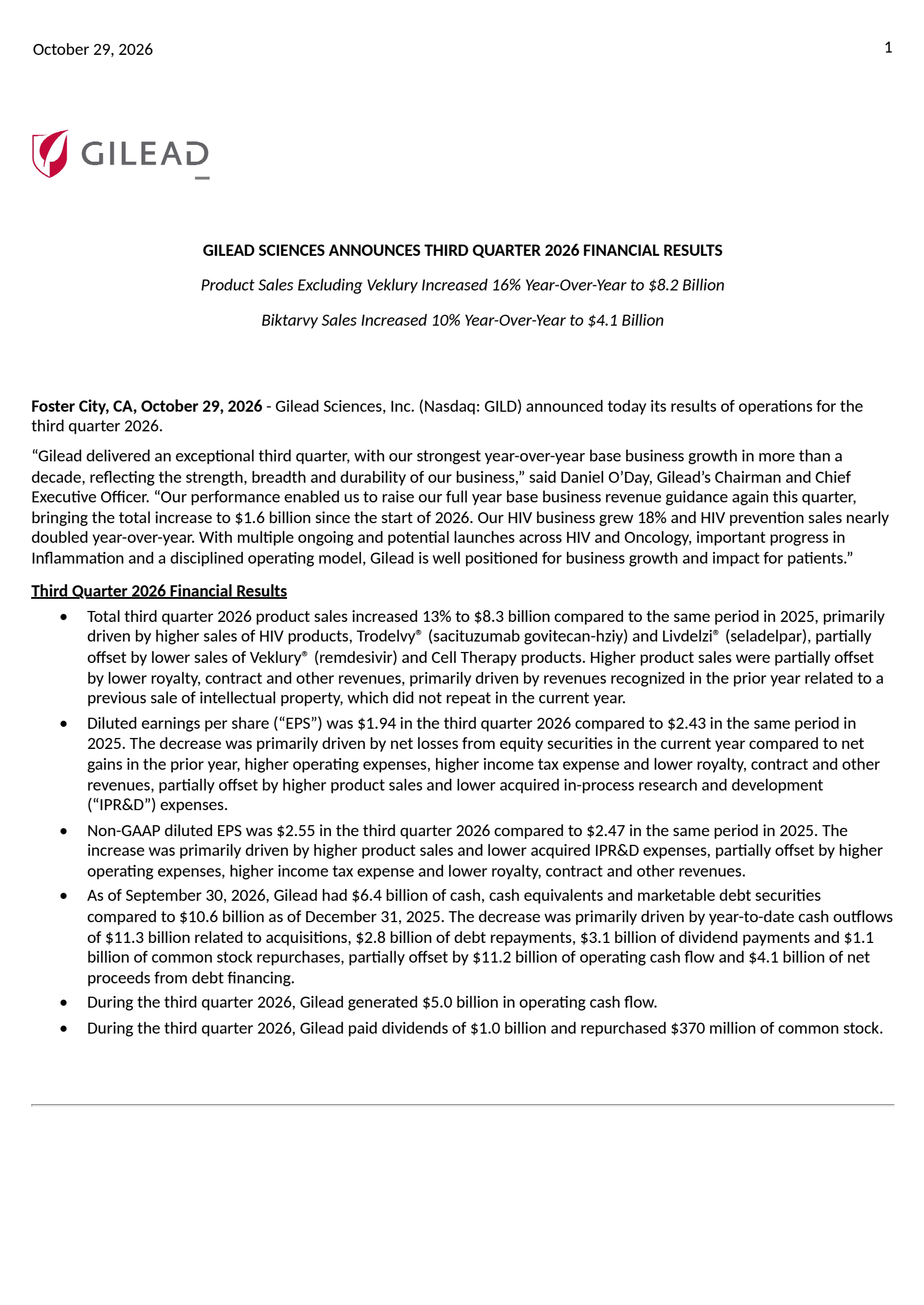Gilead Sciences' Q3 2026 Press Release