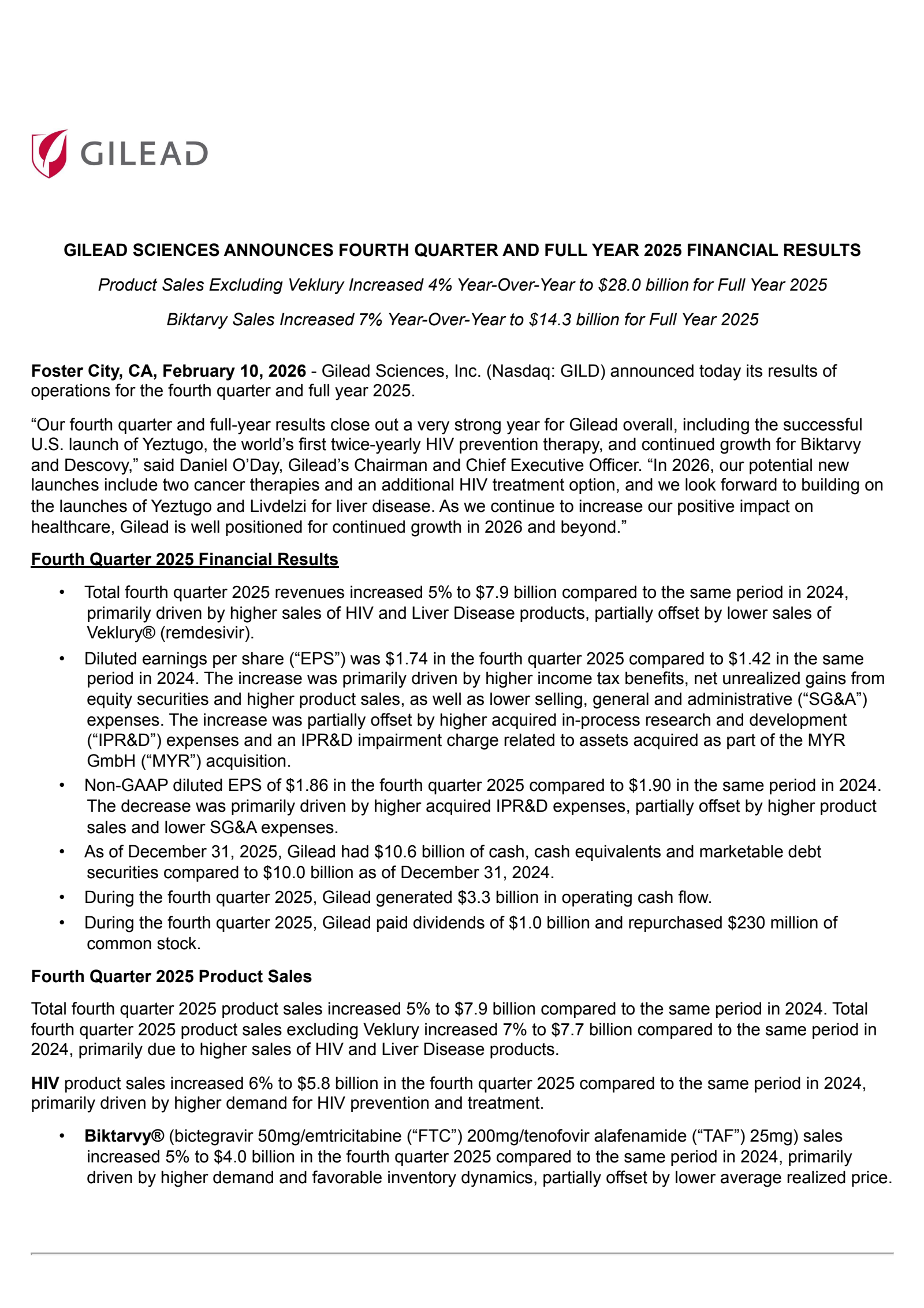 Gilead Sciences' Q4 2025 Press Release