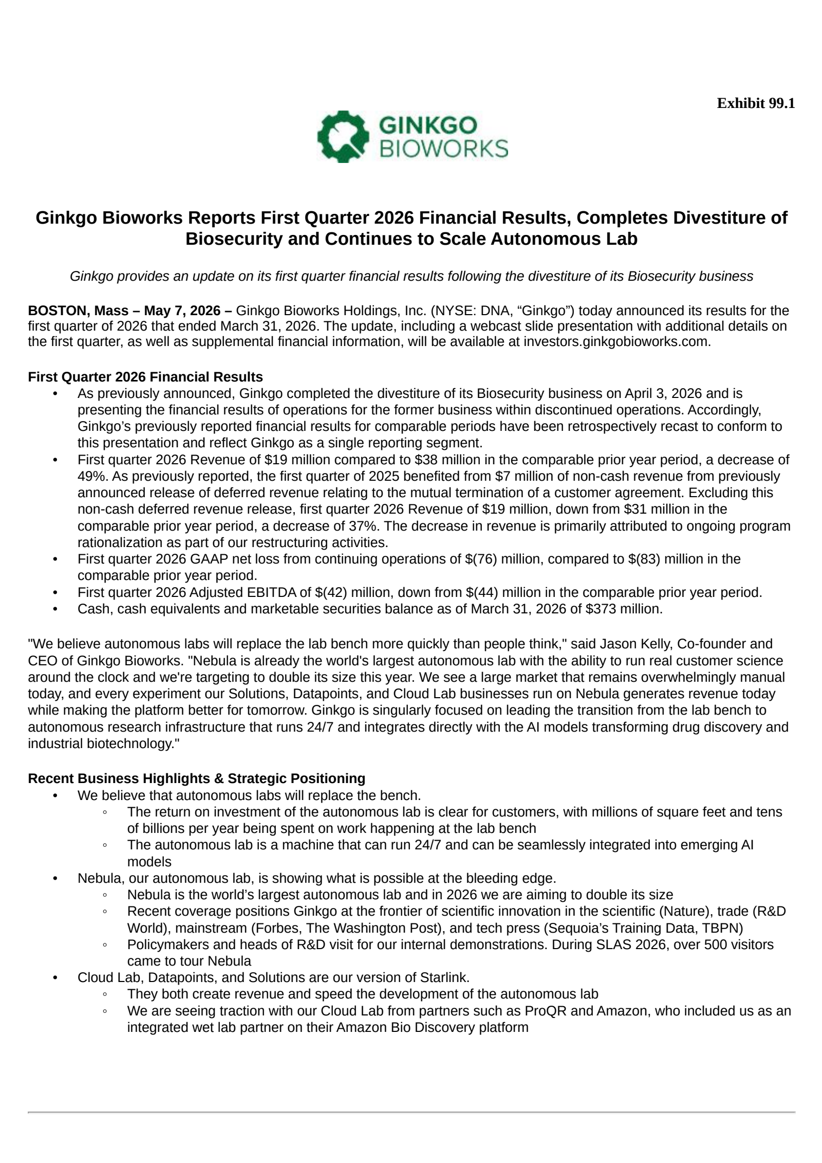 Ginkgo Bioworks' Q1 2026 Press Release