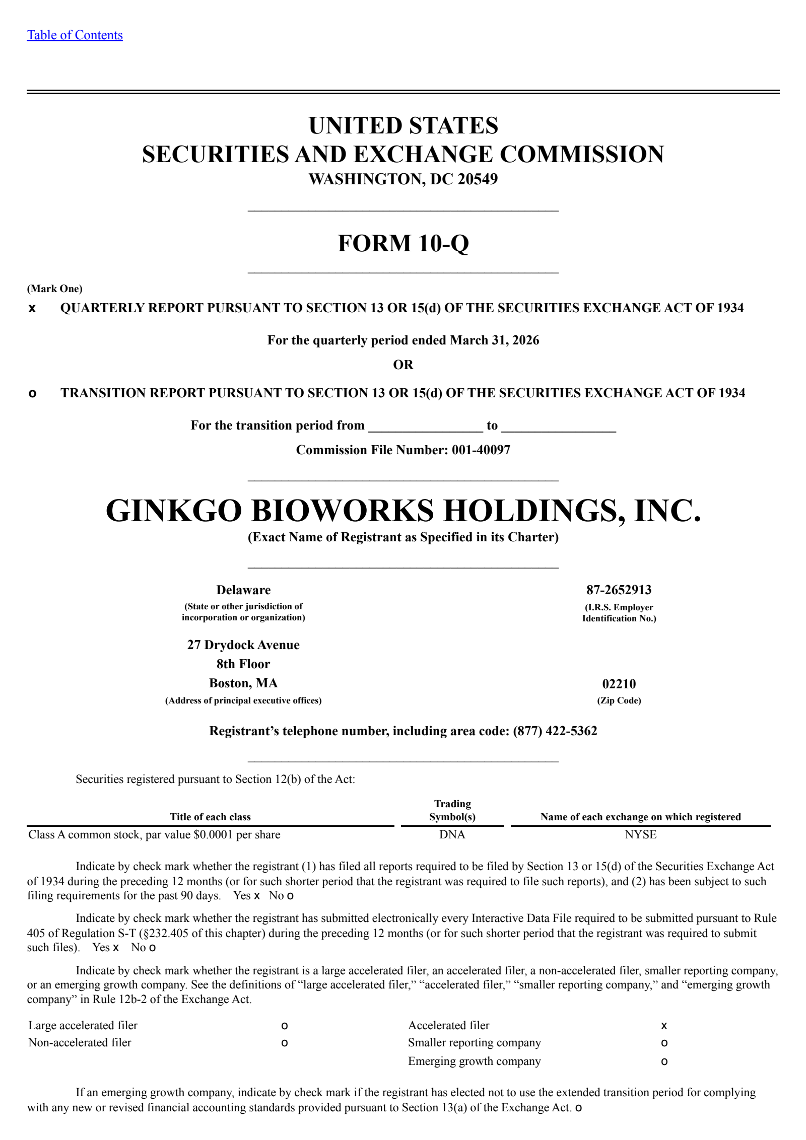Ginkgo Bioworks' Q1 2026 Quarterly report