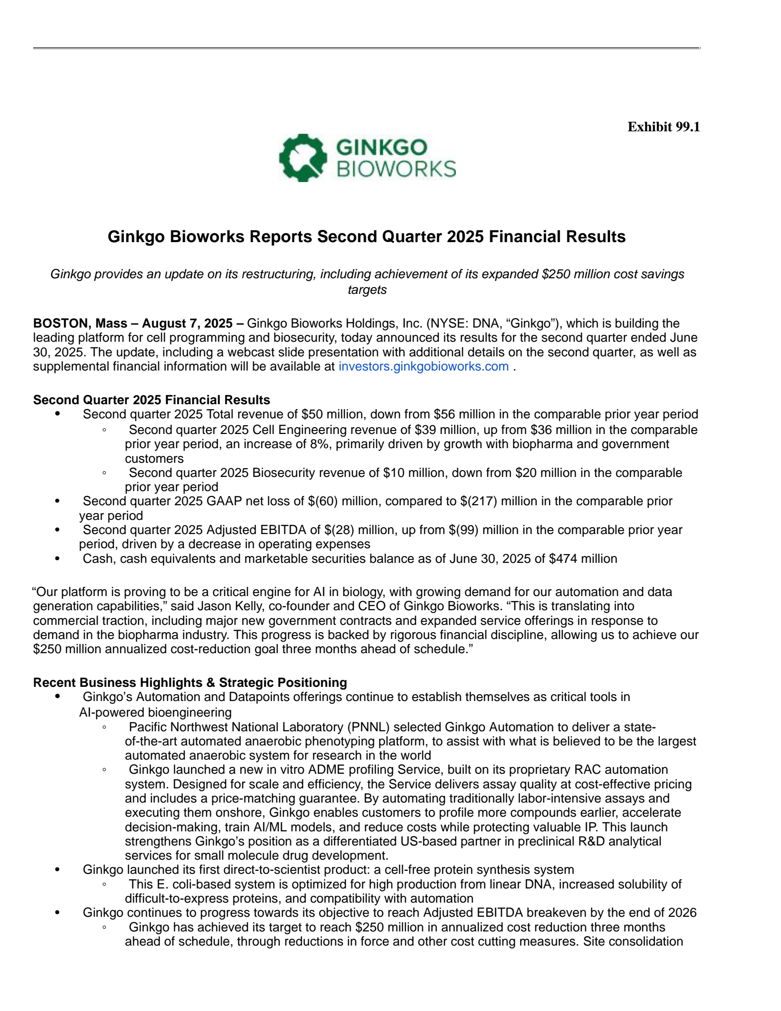 Ginkgo Bioworks' Q2 2025 Press Release