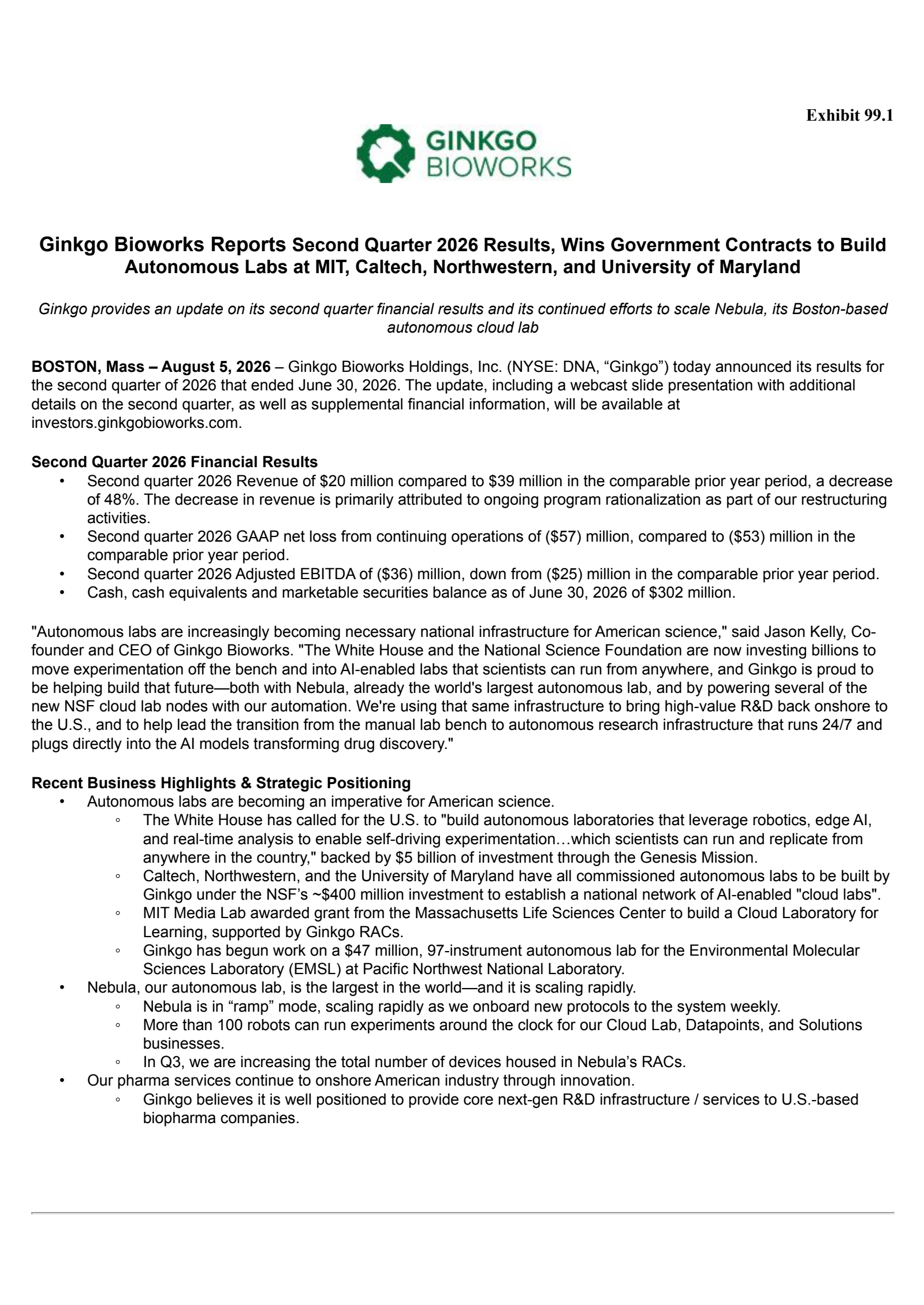 Ginkgo Bioworks' Q2 2026 Press Release