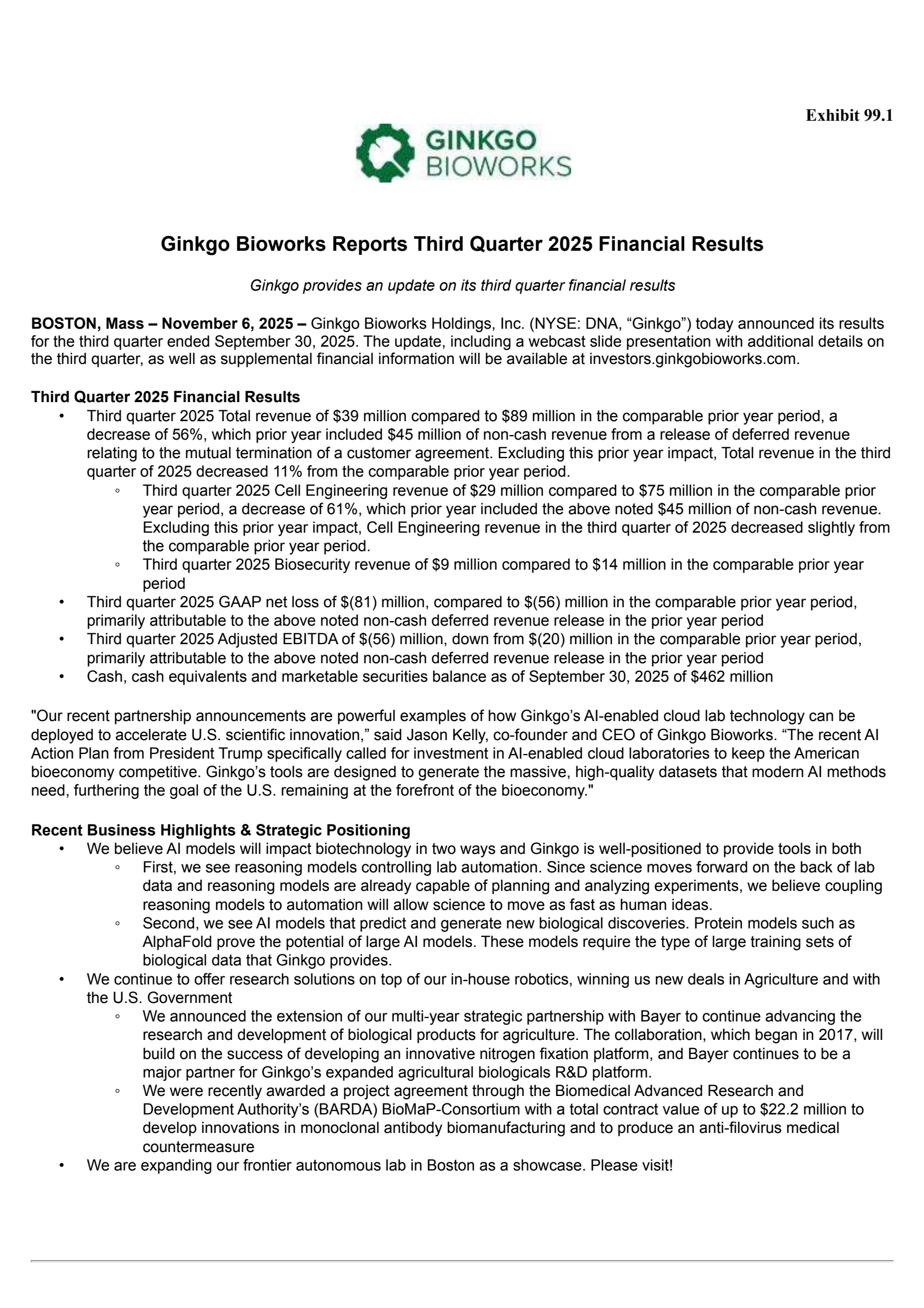 Ginkgo Bioworks' Q3 2025 Earnings Release
