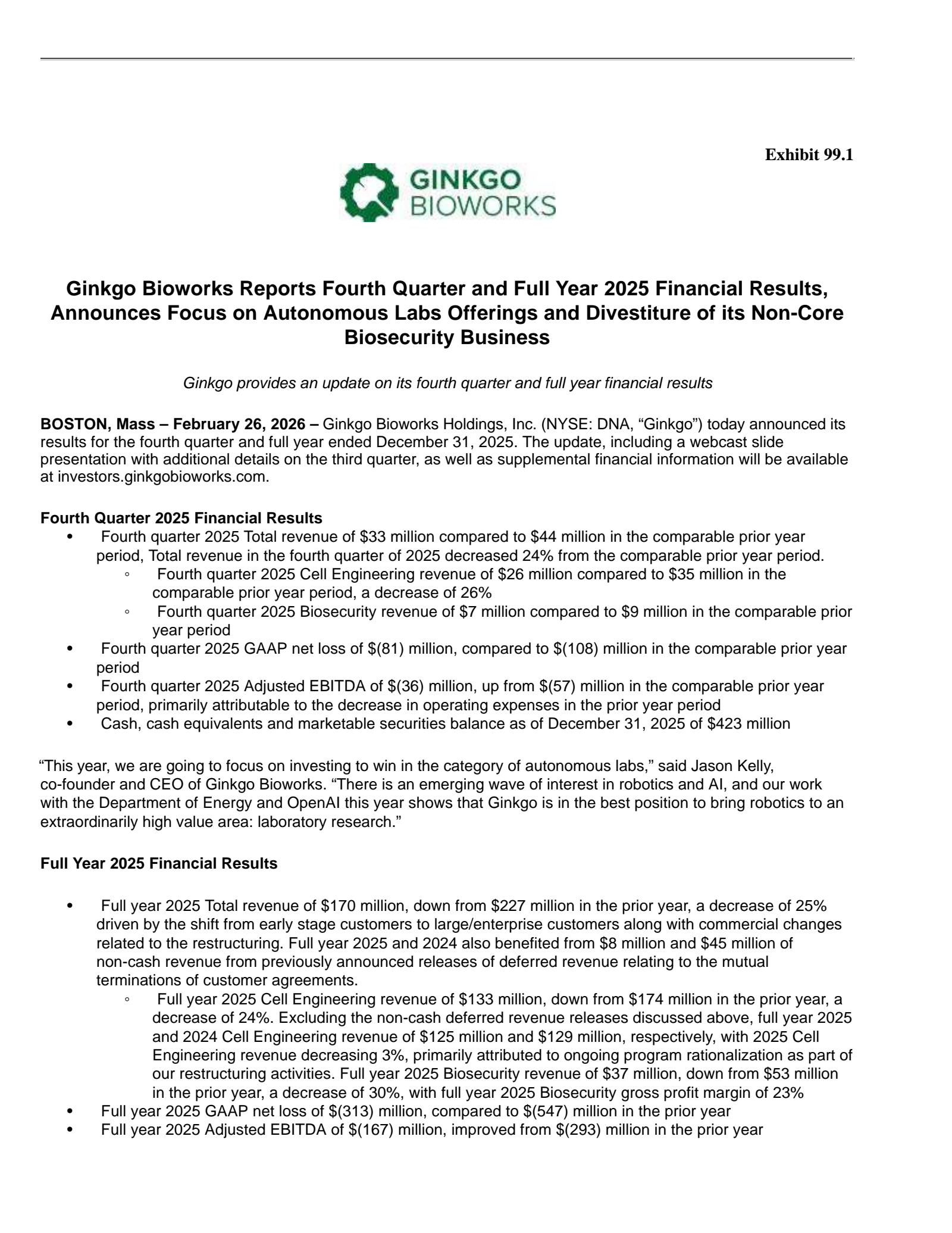 Ginkgo Bioworks' Q4 2025 Press Release