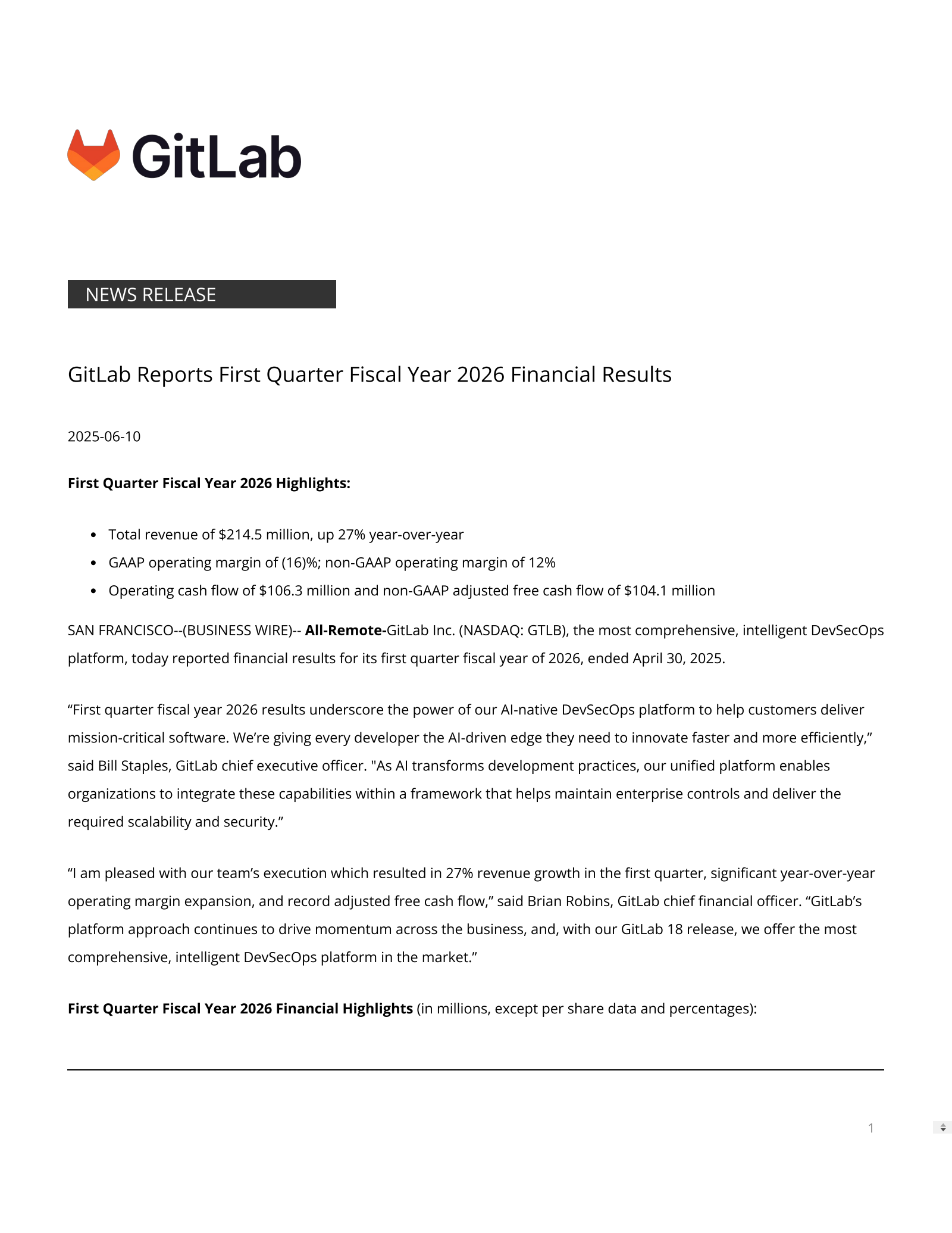 GitLab's Q1 2026 Press Release