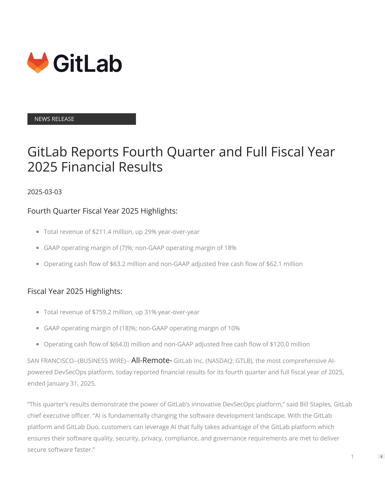 GTLB Q4 2025 Earnings Report on 3/3/2025
