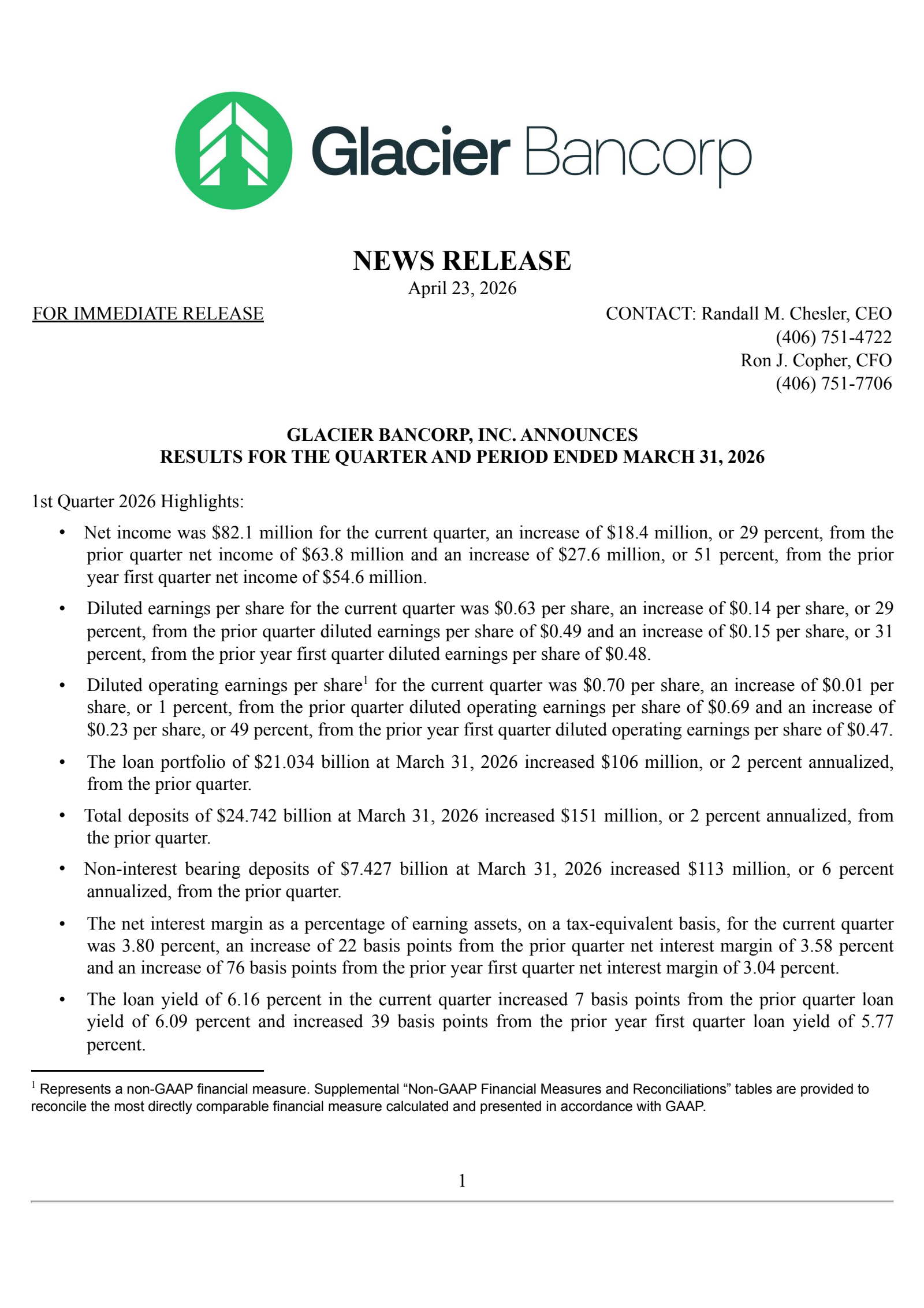 Glacier Bancorp's Q1 2026 Press Release