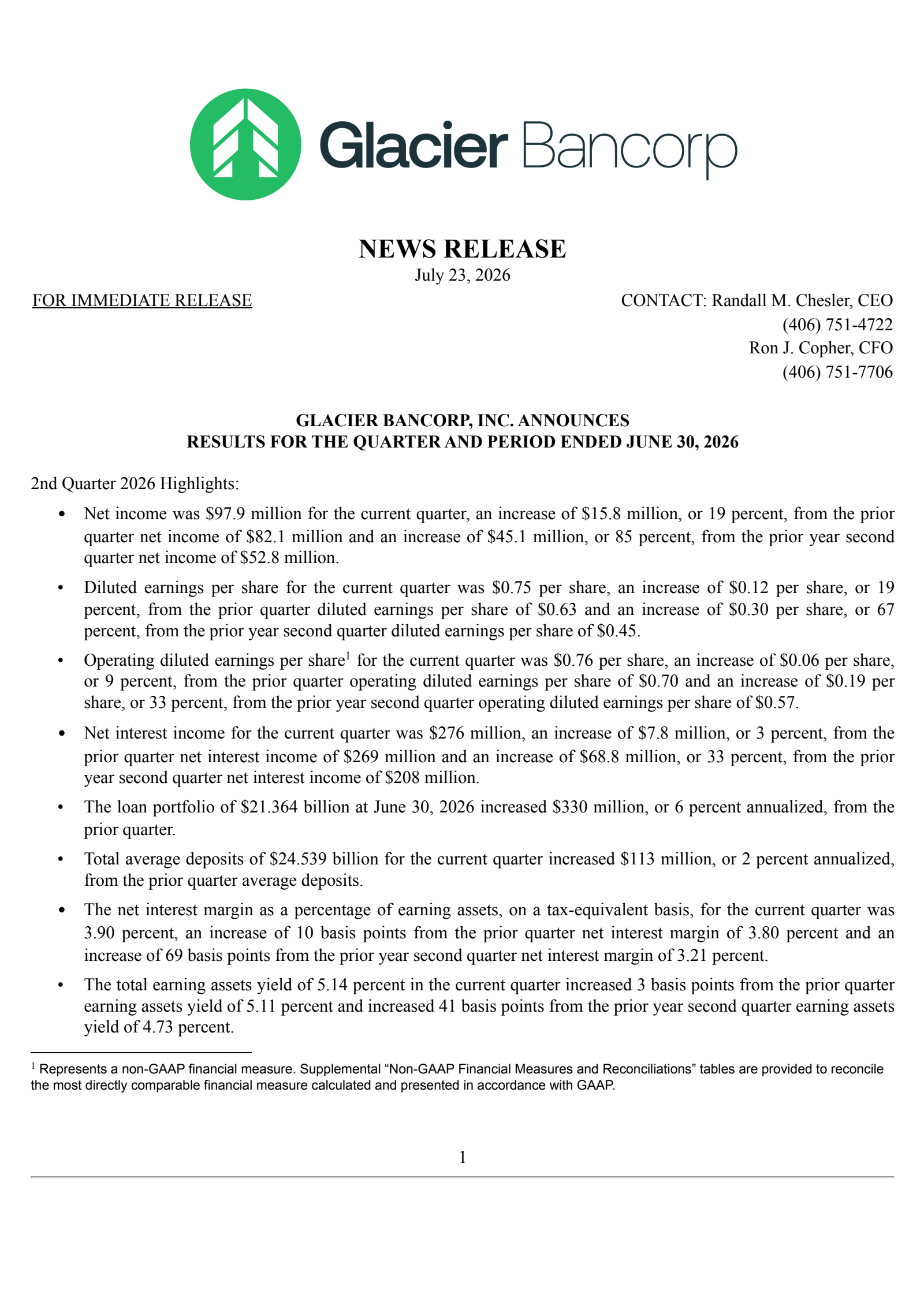 Glacier Bancorp's Q2 2026 Press Release