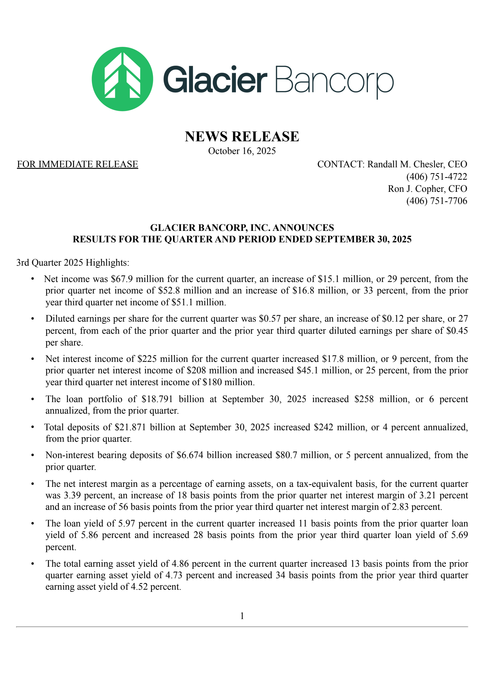 Glacier Bancorp's Q3 2025 Earnings Release
