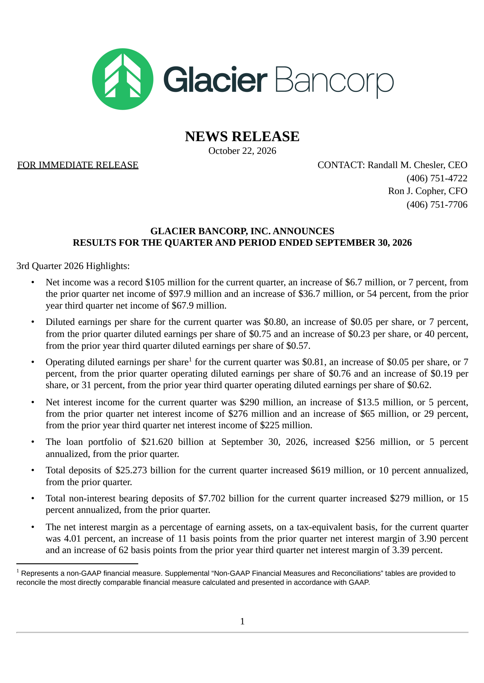 Glacier Bancorp's Q3 2026 Press Release