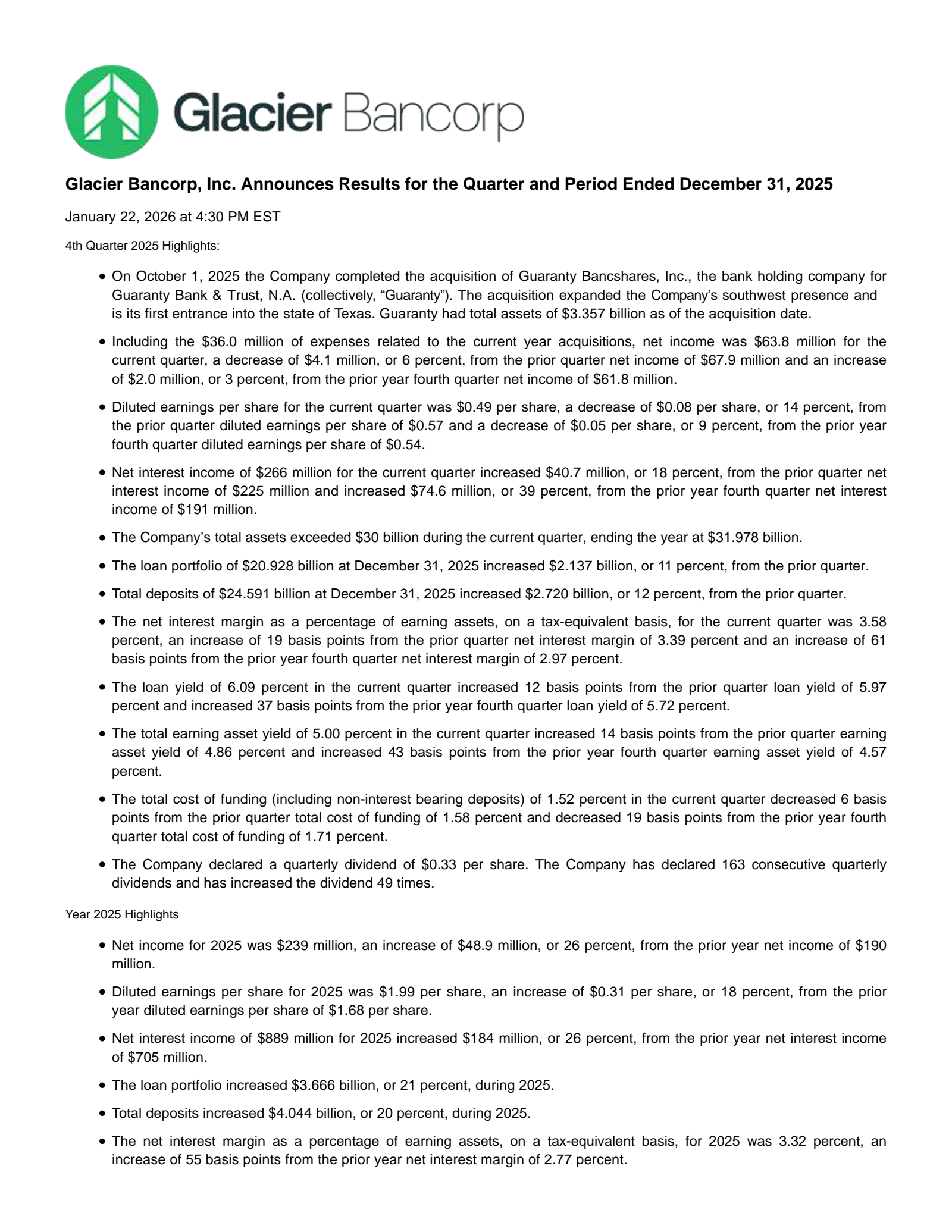 Glacier Bancorp's Q4 2025 Press Release