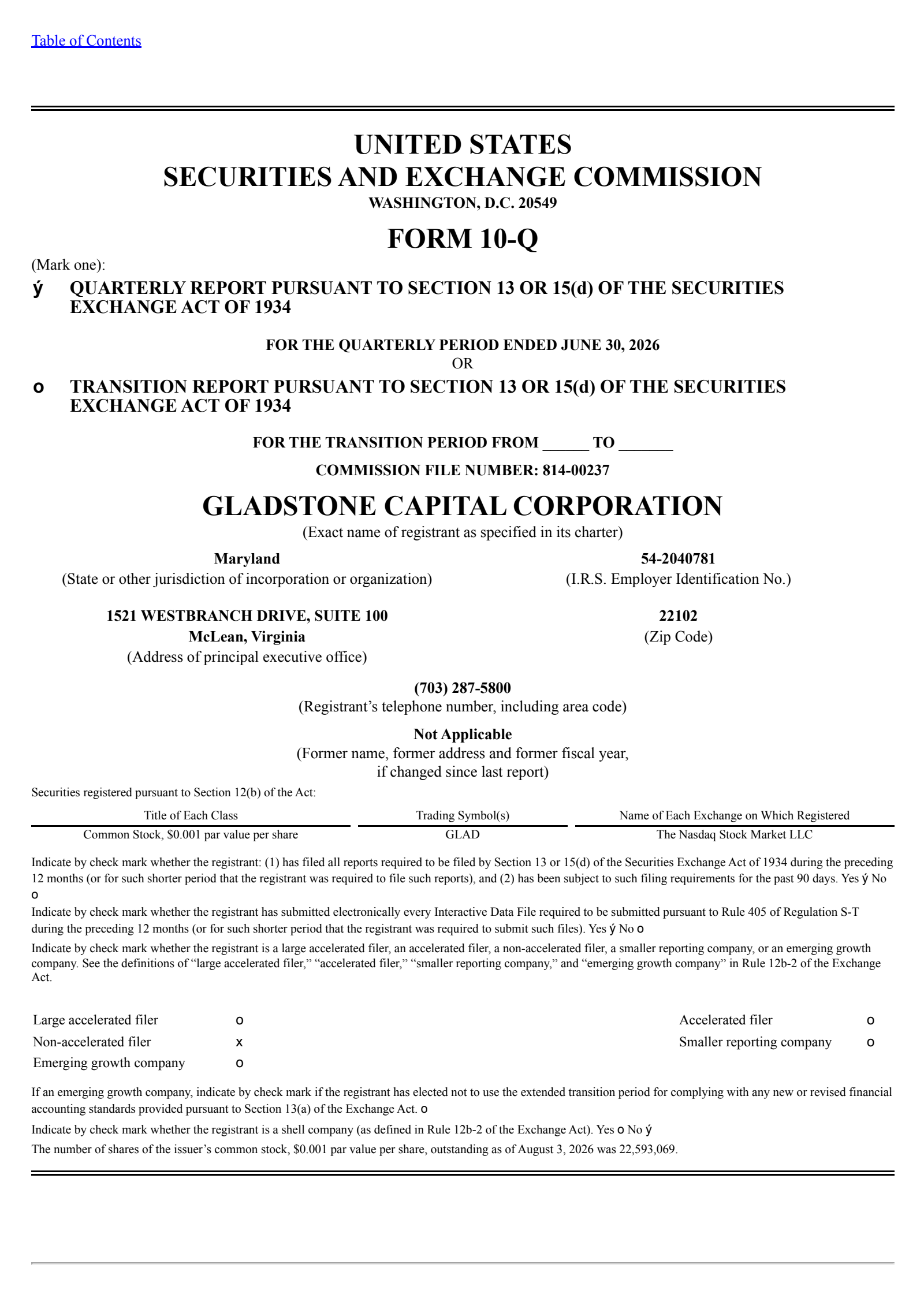 Gladstone Capital's Q3 2026 Quarterly report