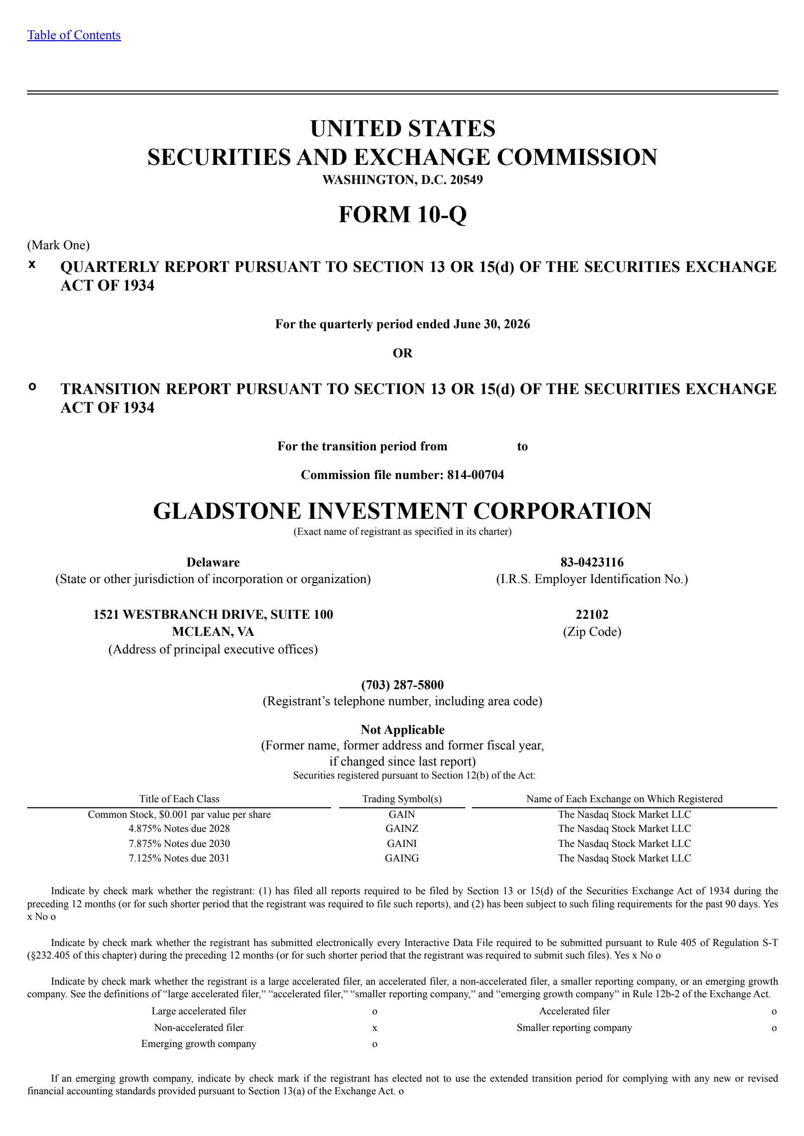 Gladstone Investment's Q1 2027 Quarterly report