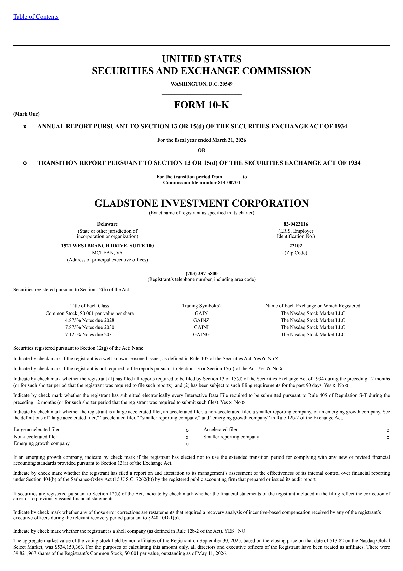 Gladstone Investment's Q4 2026 Annual report