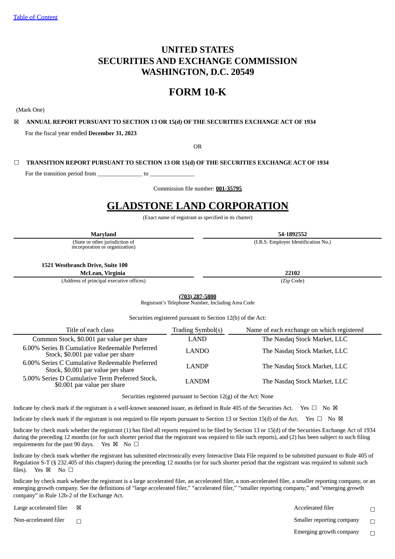 Gladstone Land's Q4 2023 Annual report