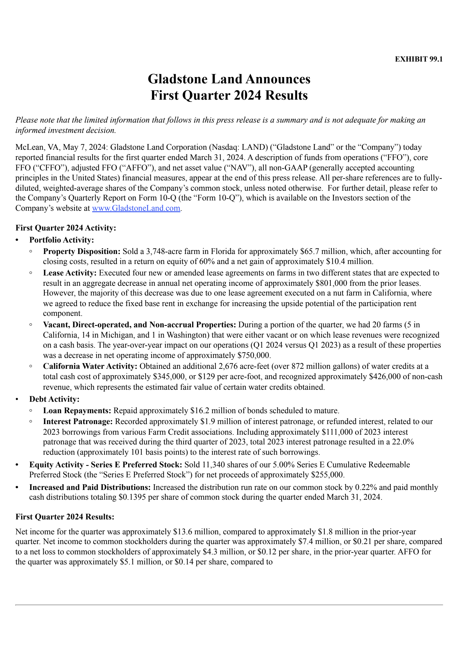 Gladstone Land's Q1 2024 Press Release