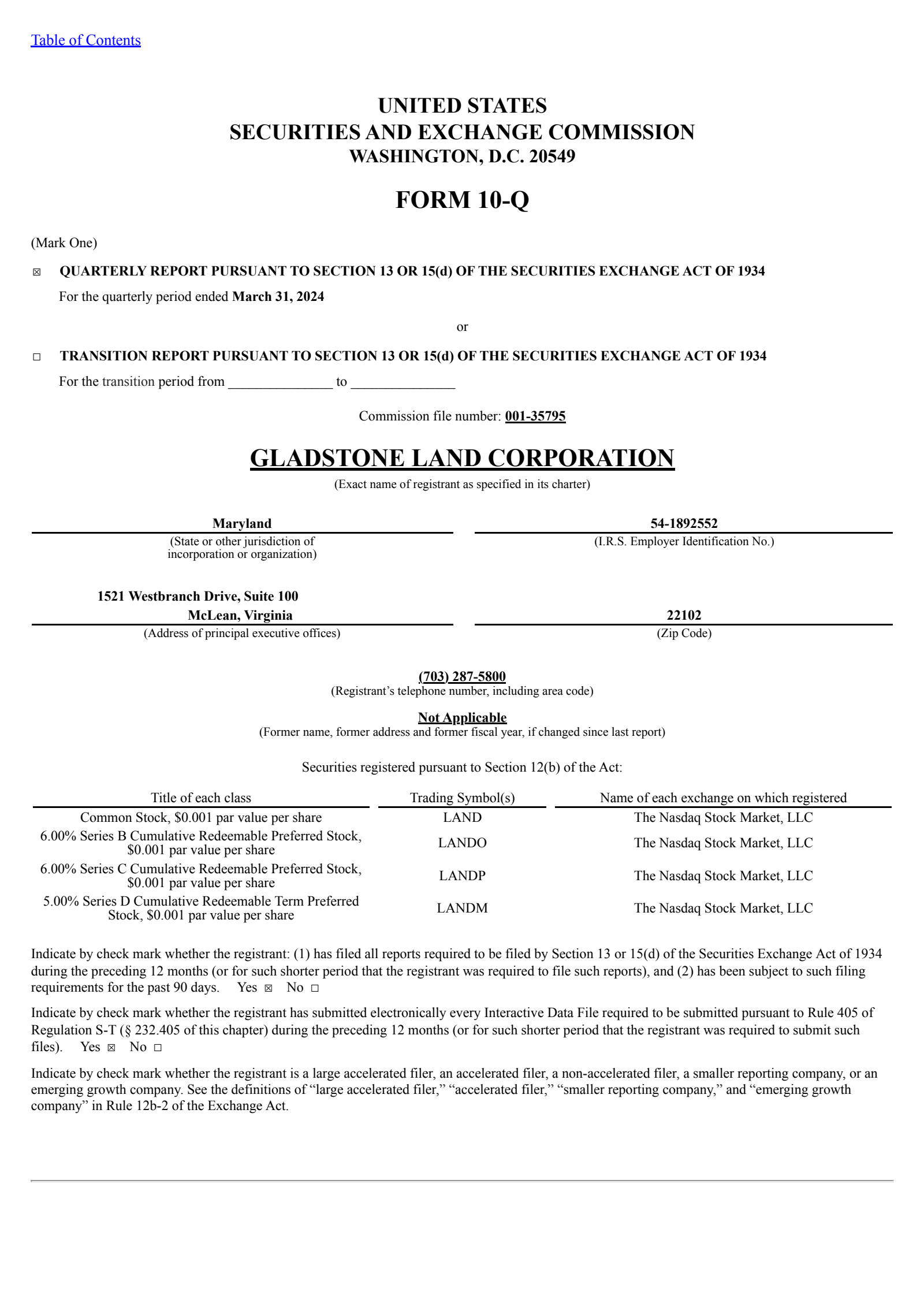 Gladstone Land's Q1 2024 Quarterly report
