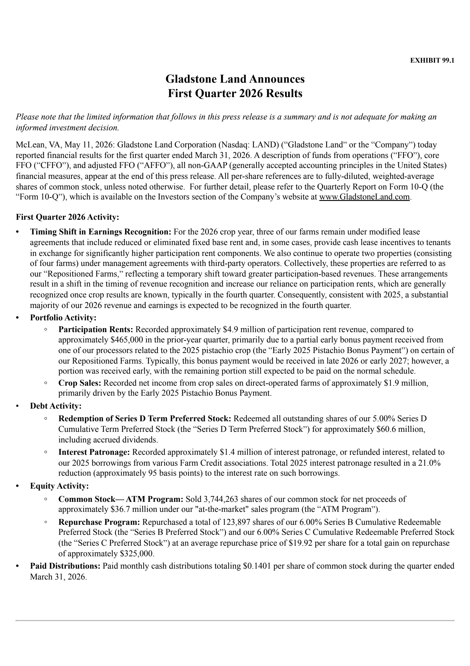 Gladstone Land's Q1 2026 Press Release