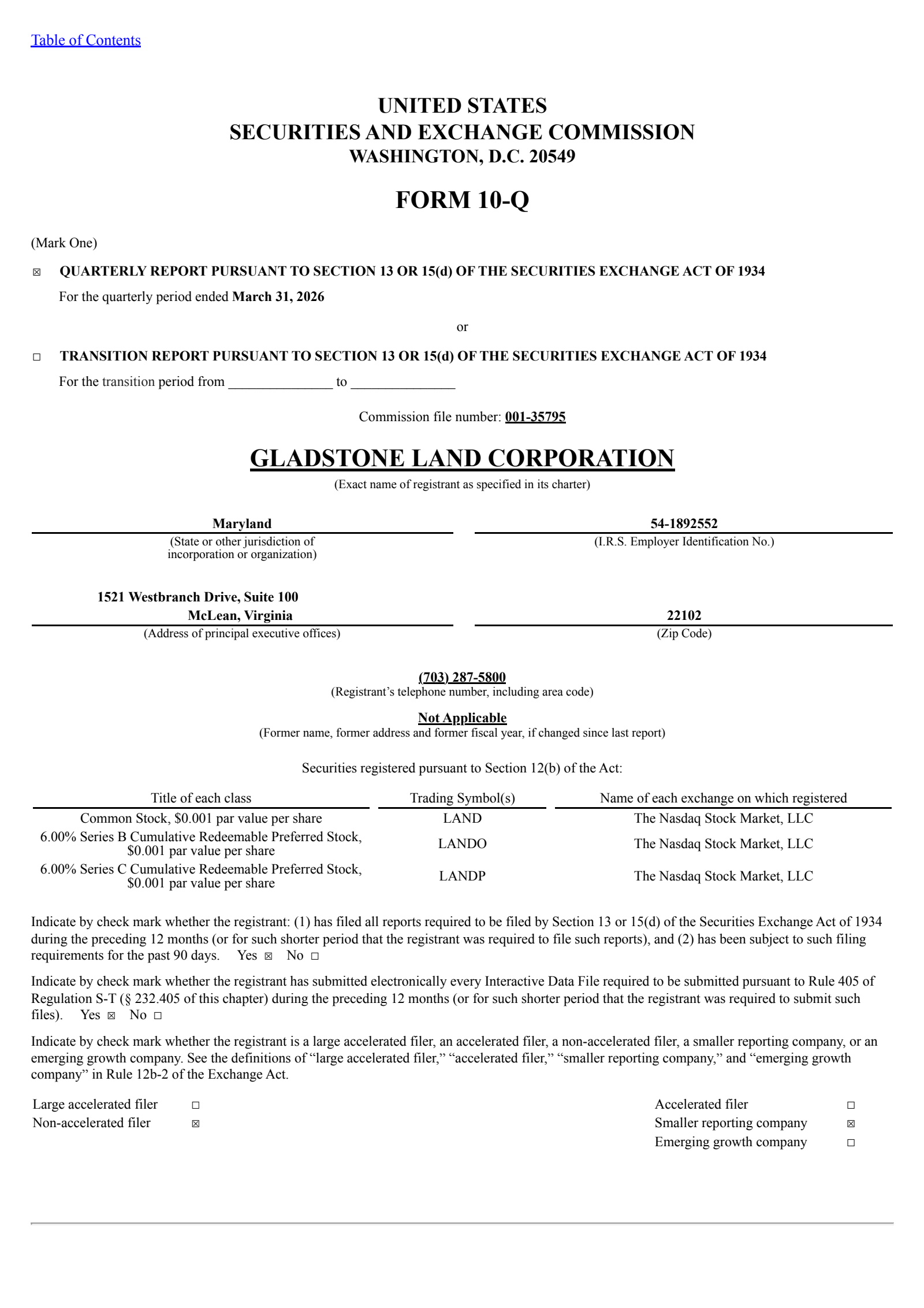 Gladstone Land's Q1 2026 Quarterly report