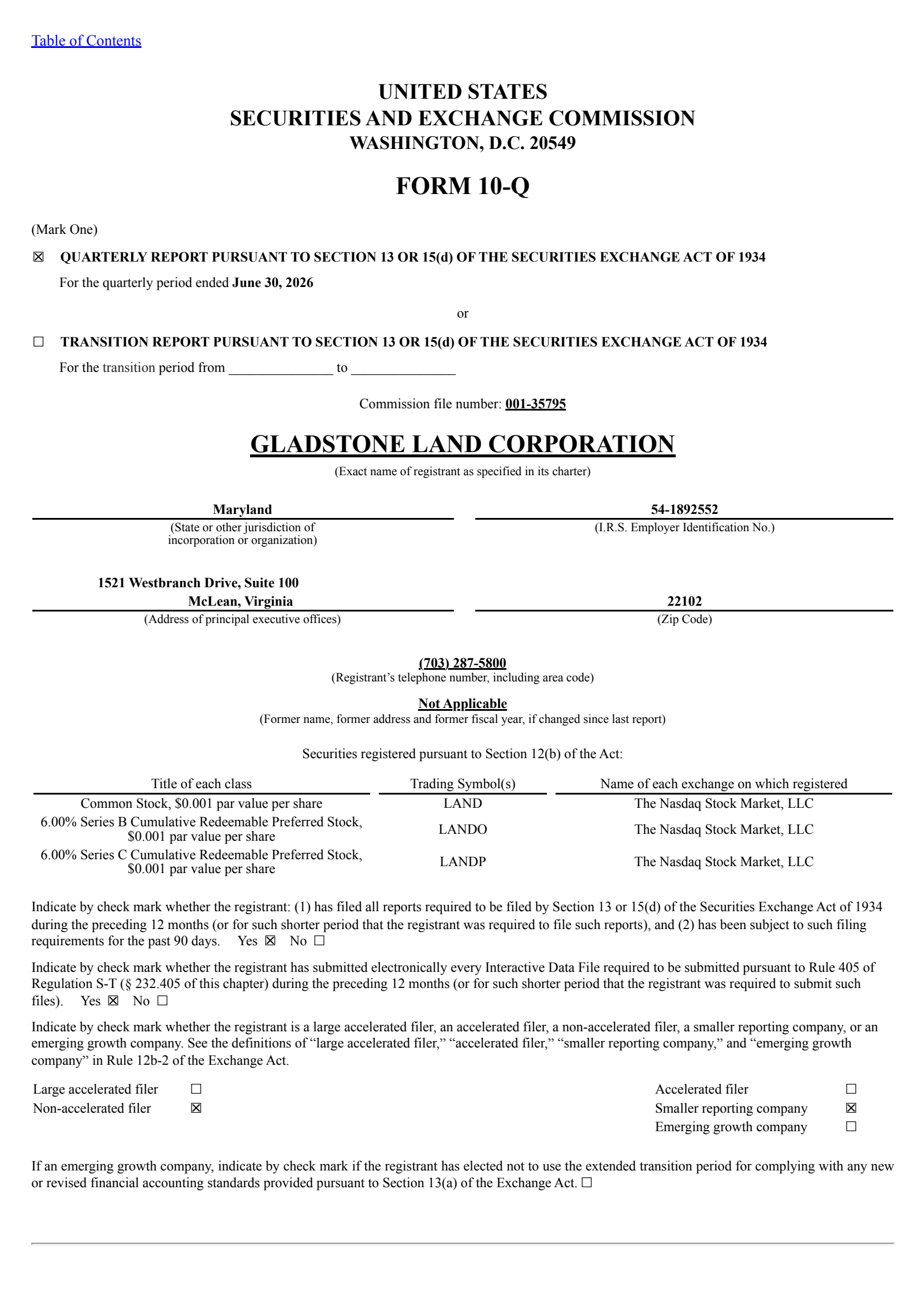 Gladstone Land's Q2 2026 Quarterly report