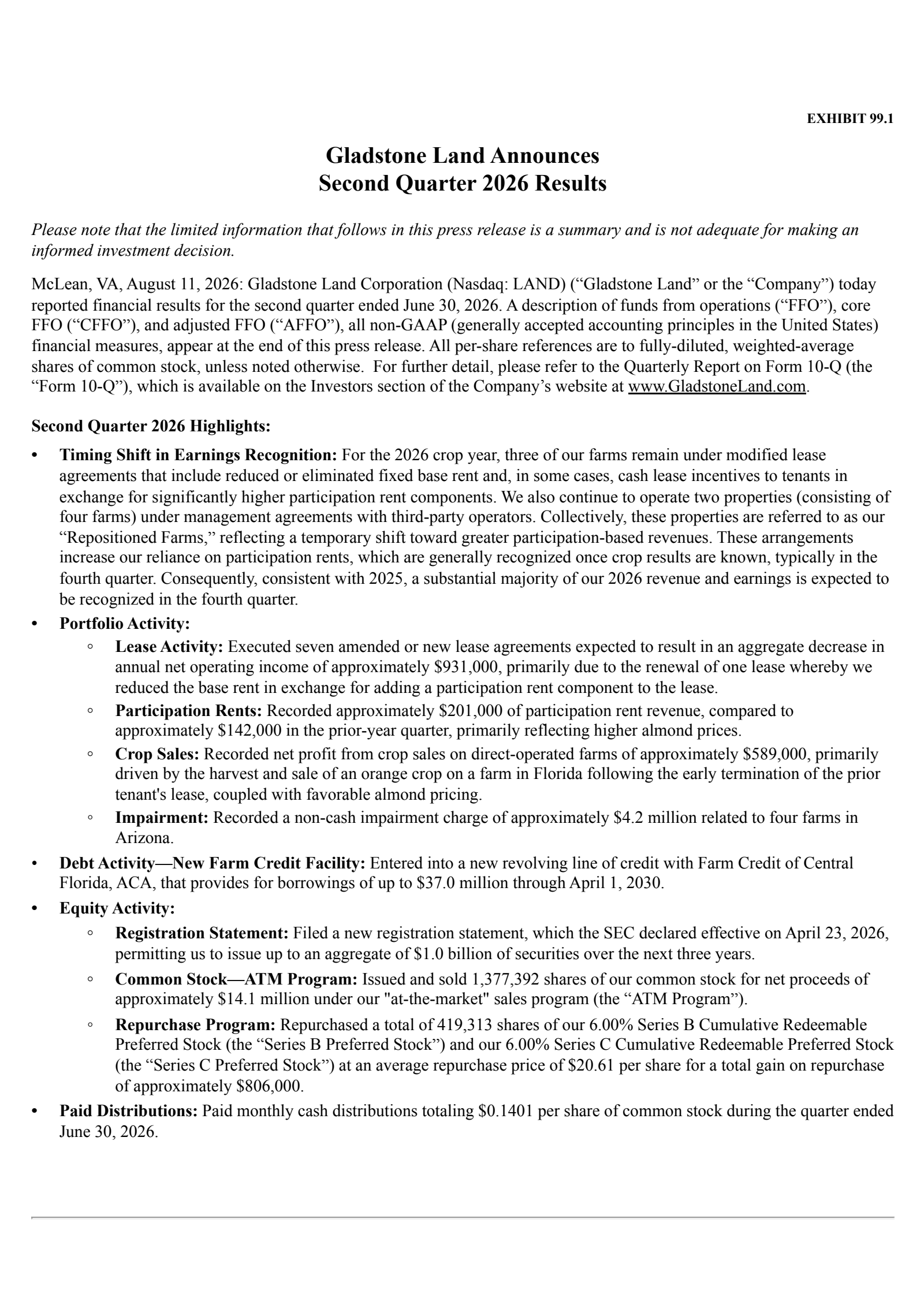 Gladstone Land's Q2 2026 Press Release
