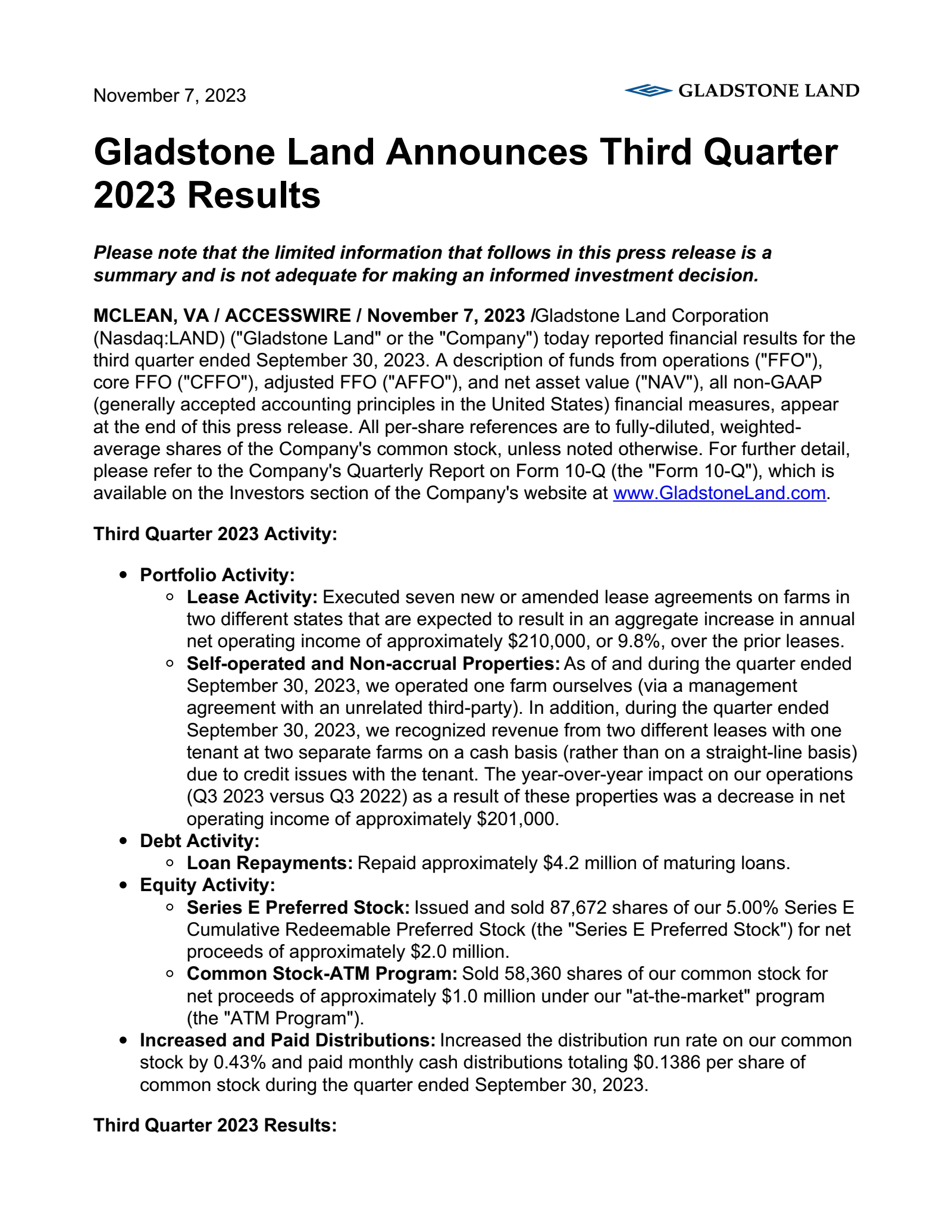 Gladstone Land's Q3 2023 Press Release