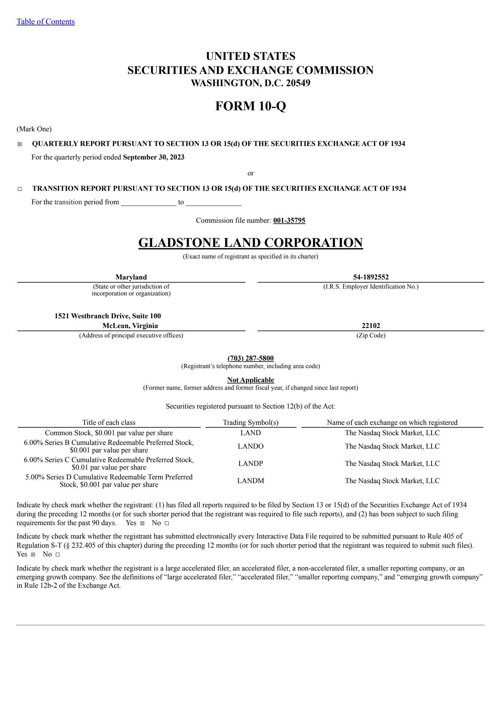 Gladstone Land's Q3 2023 Quarterly report