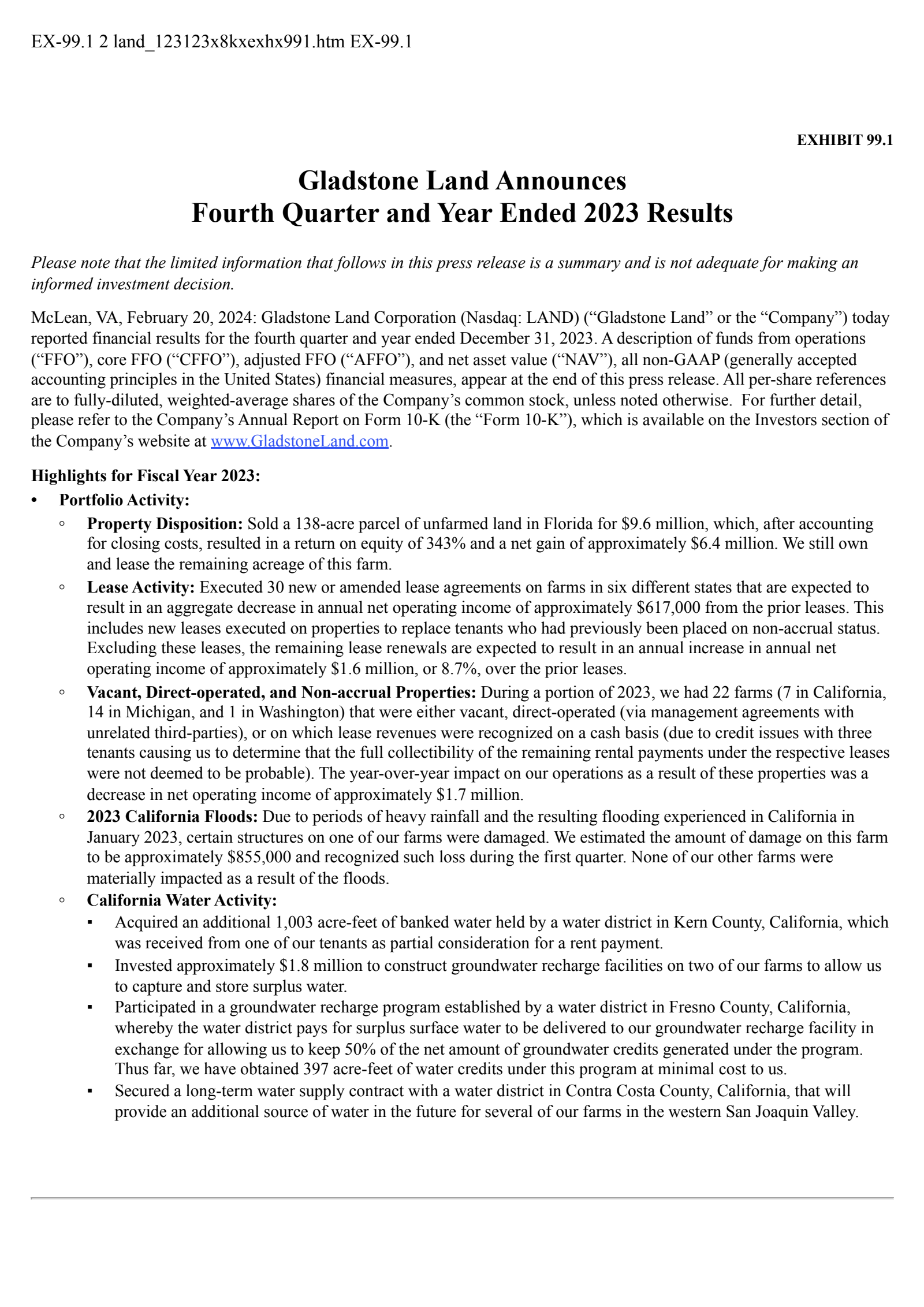 Gladstone Land's Q4 2023 Press Release