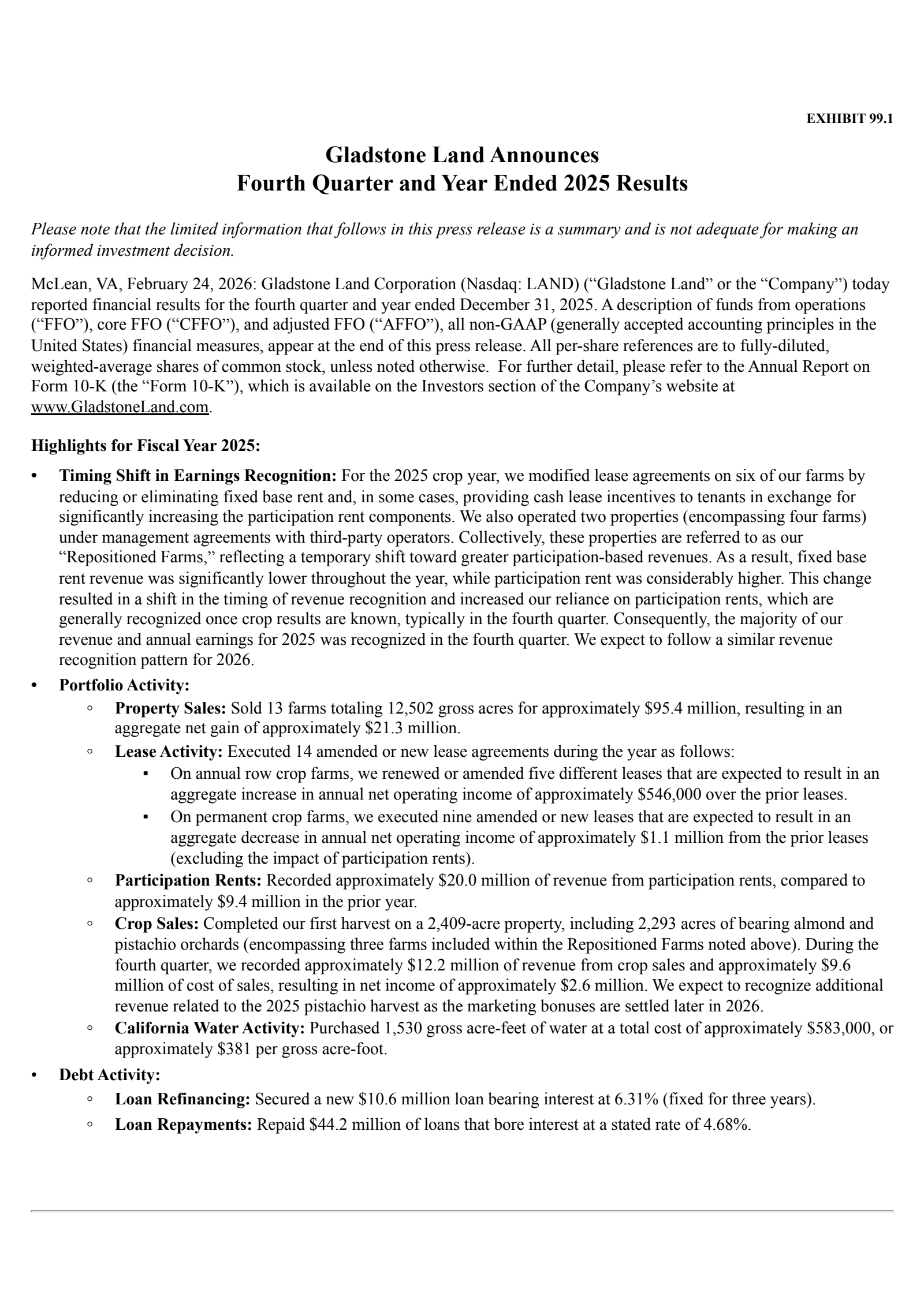 Gladstone Land's Q4 2025 Press Release