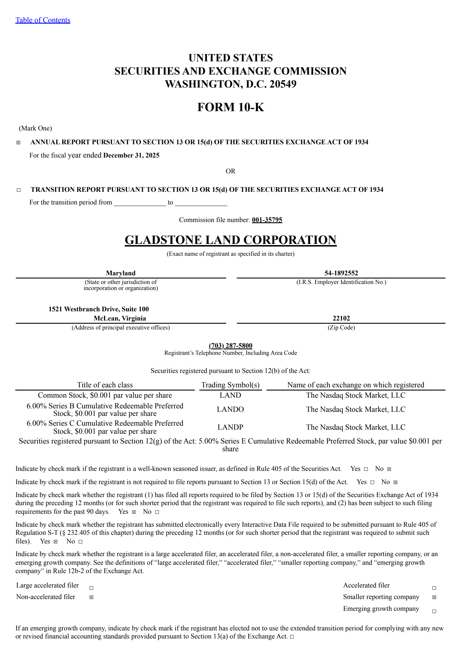 Gladstone Land's Q4 2025 Annual report