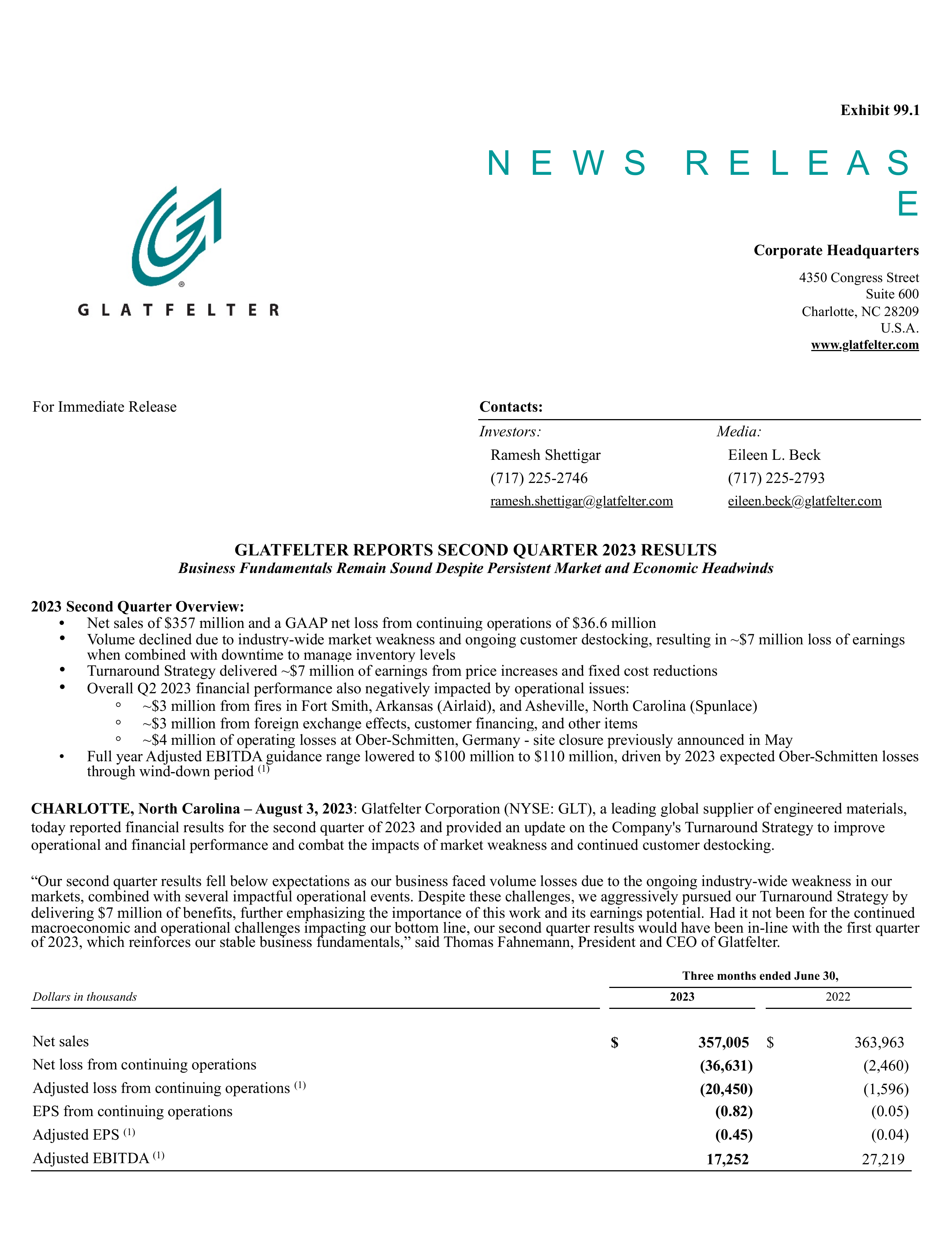 Glatfelter's Q2 2023 Press Release