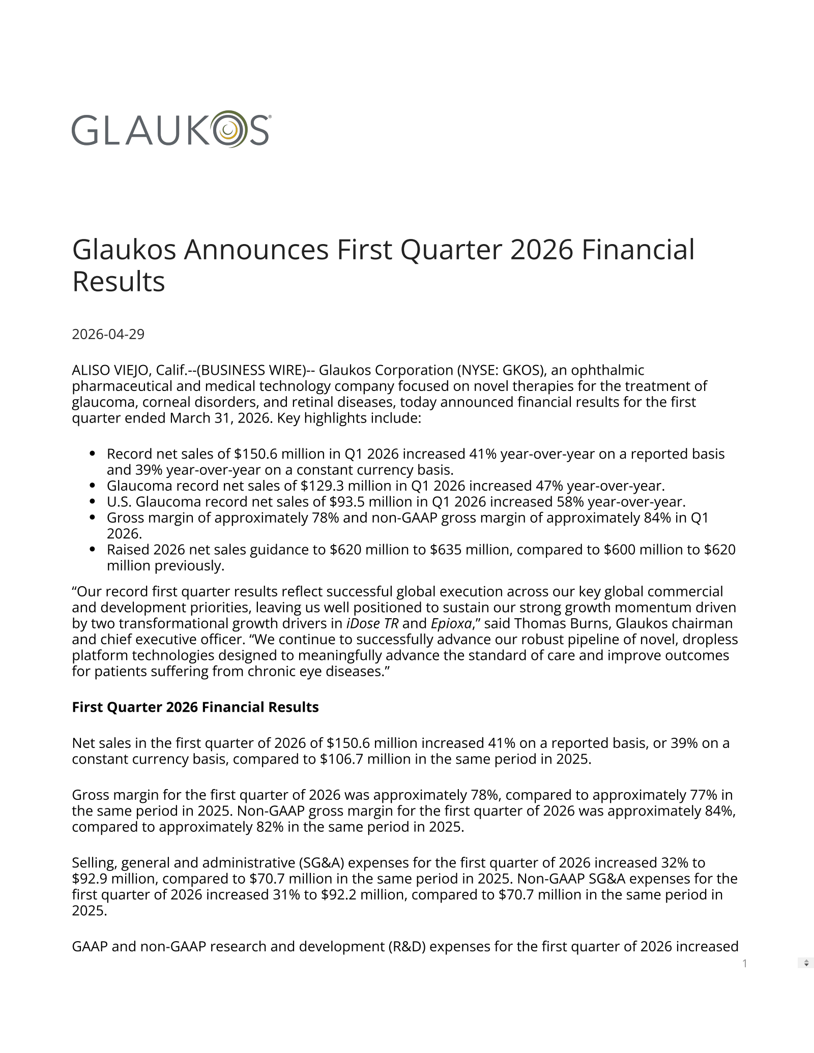 Glaukos' Q1 2026 Press Release