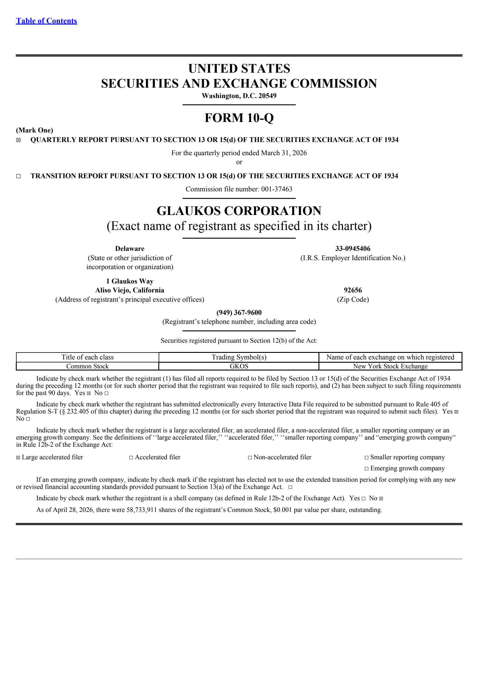Glaukos' Q1 2026 Quarterly report