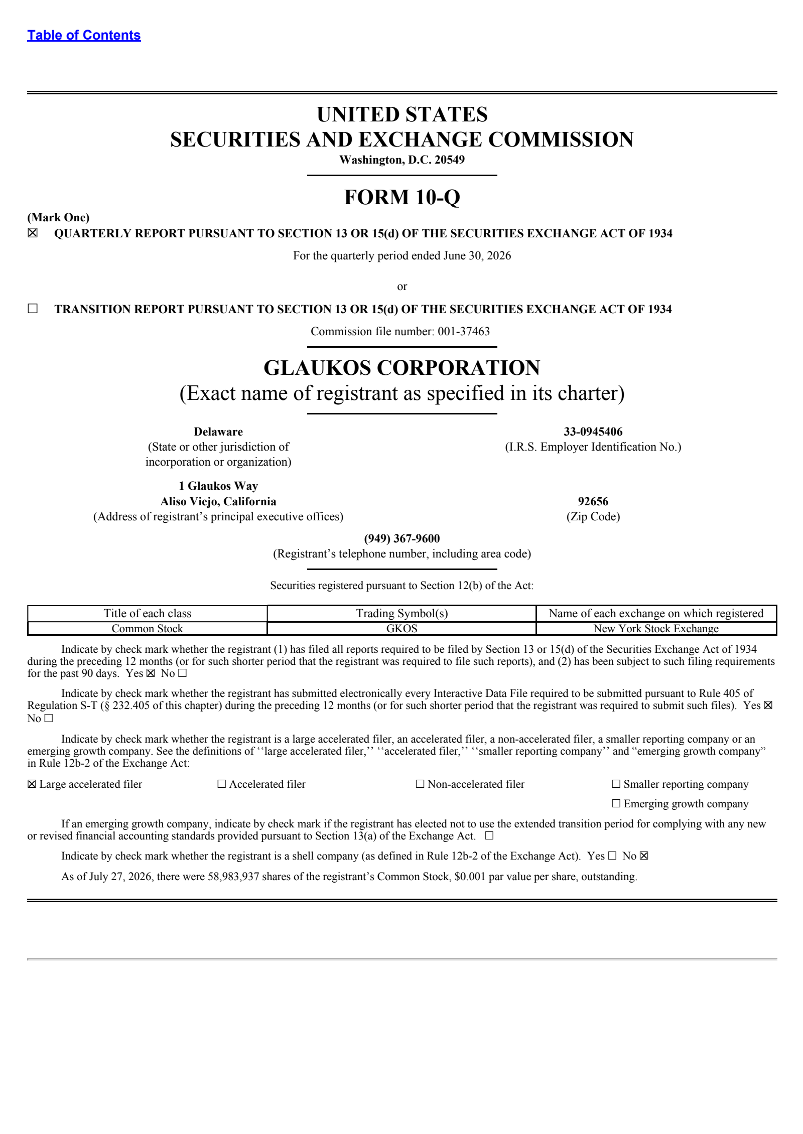 Glaukos' Q2 2026 Quarterly report