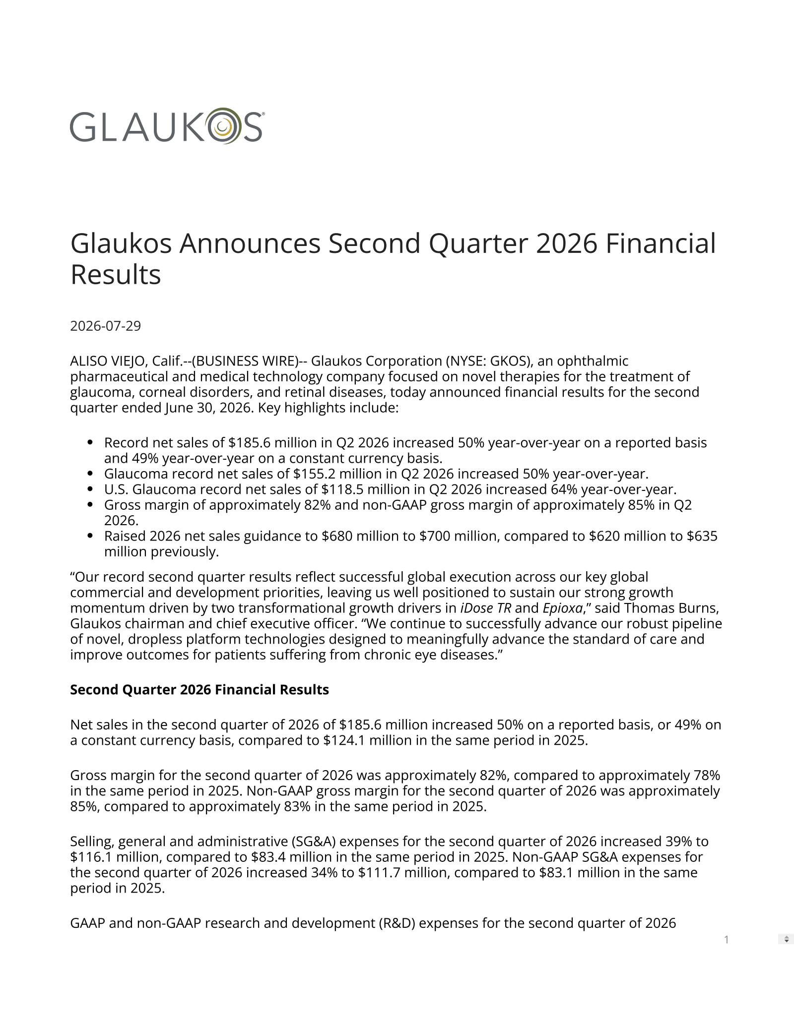 Glaukos' Q2 2026 Press Release