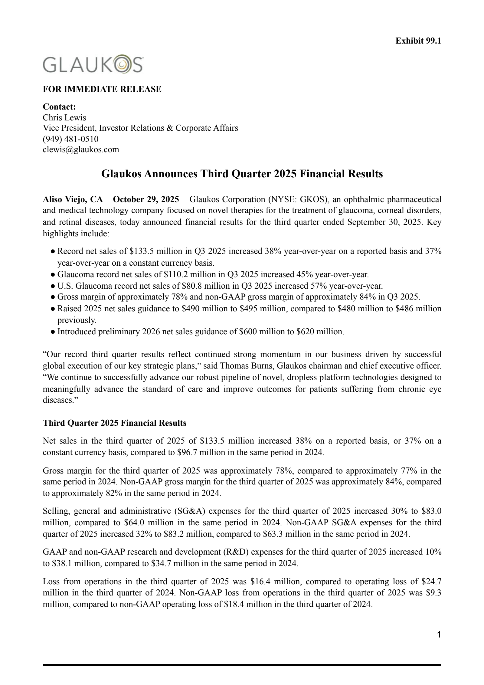 Glaukos' Q3 2025 Earnings Release
