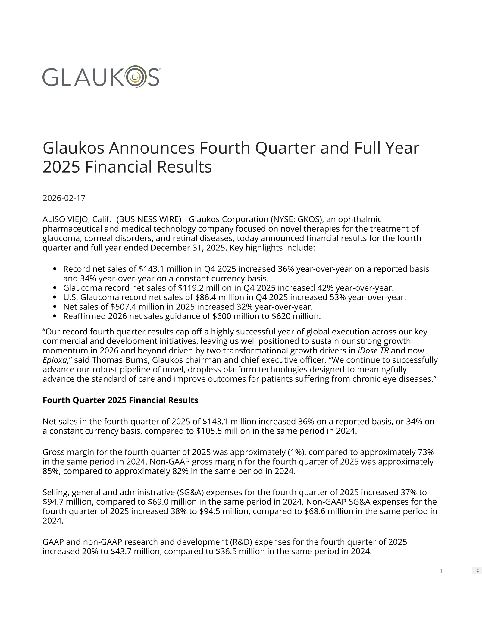 Glaukos' Q4 2025 Press Release