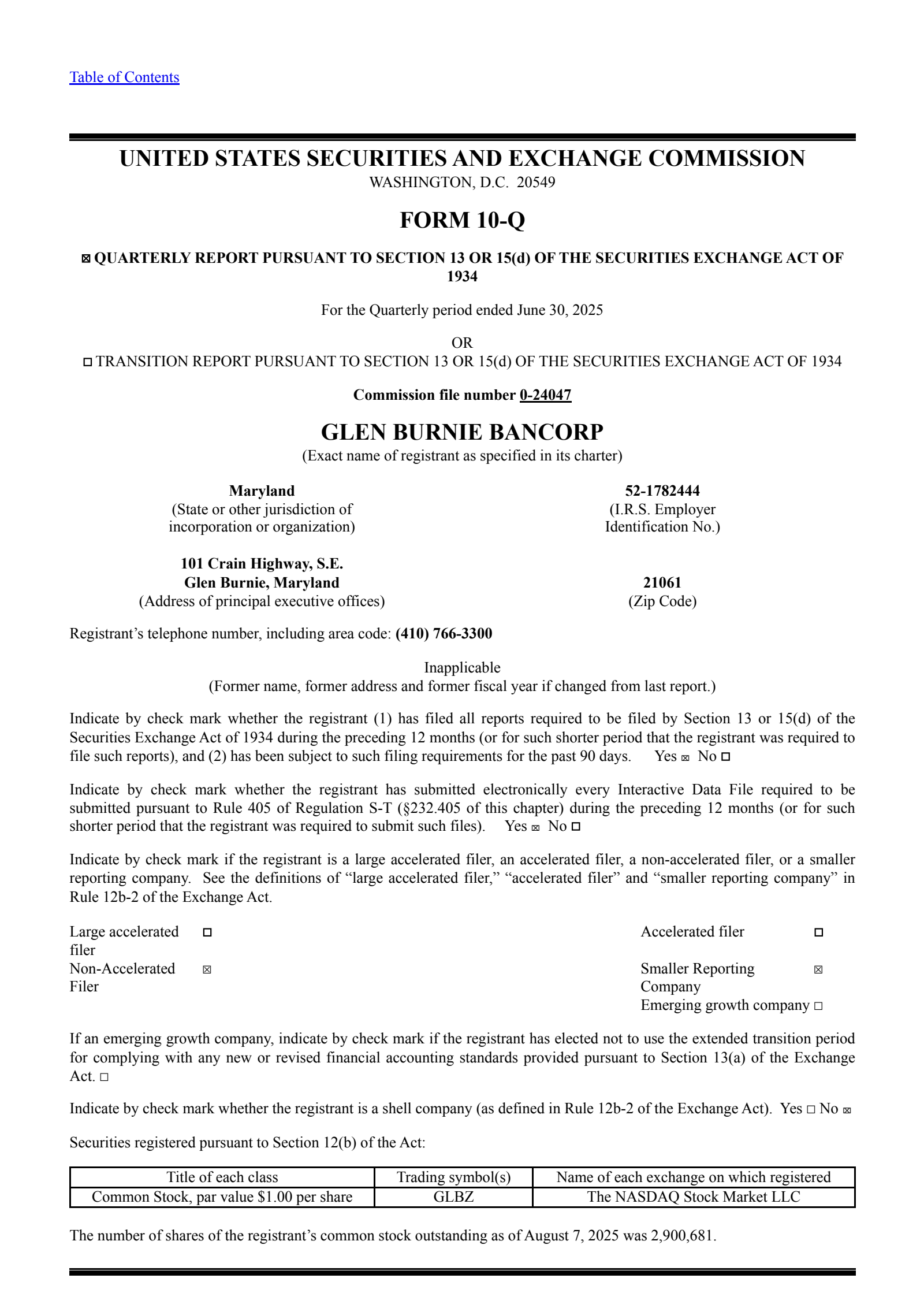 Glen Burnie Bancorp's Q2 2025 Quarterly report