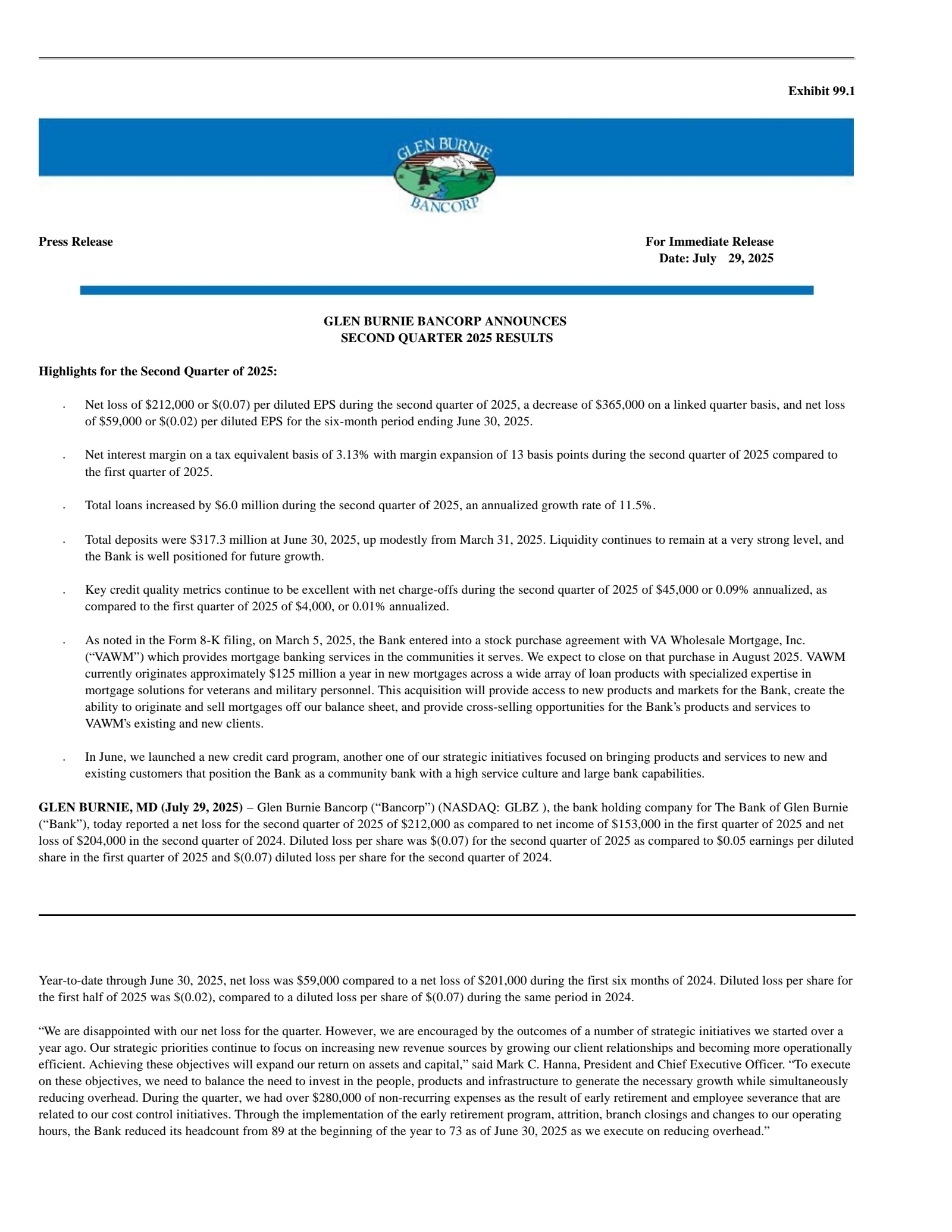 Glen Burnie Bancorp's Q2 2025 Press Release