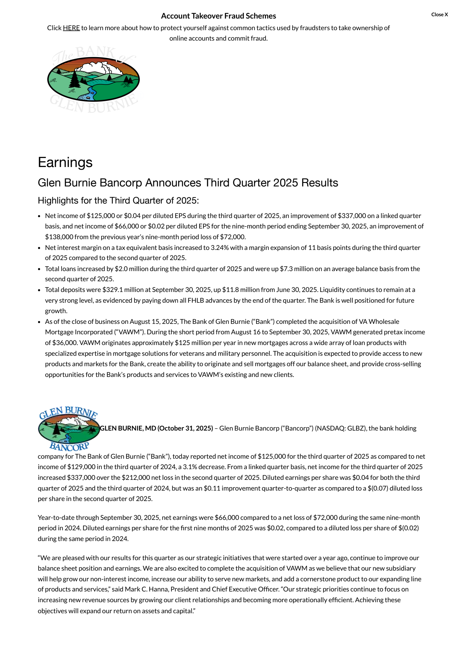 Glen Burnie Bancorp's Q3 2025 Earnings Release