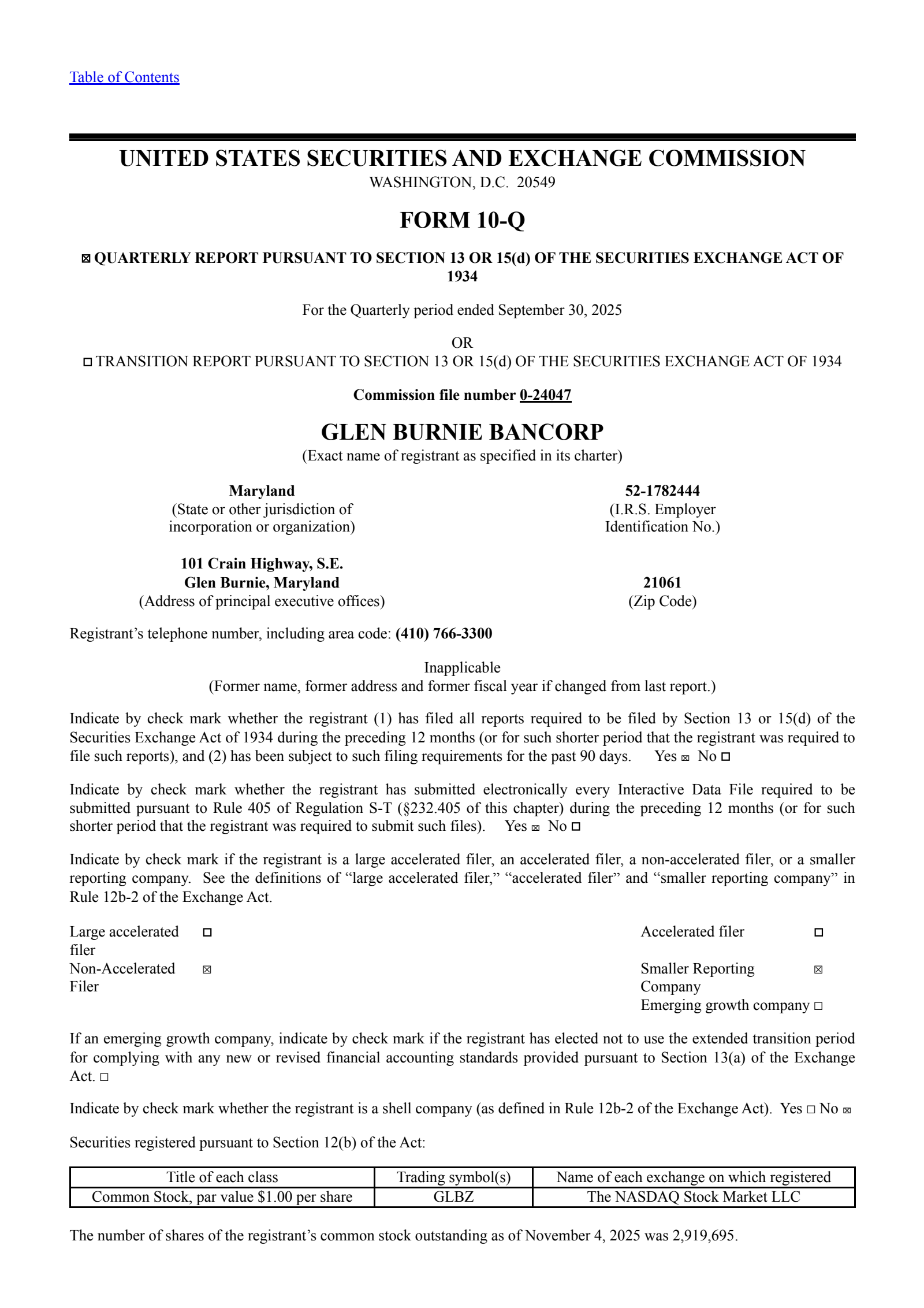Glen Burnie Bancorp's Q3 2025 Quarterly Report