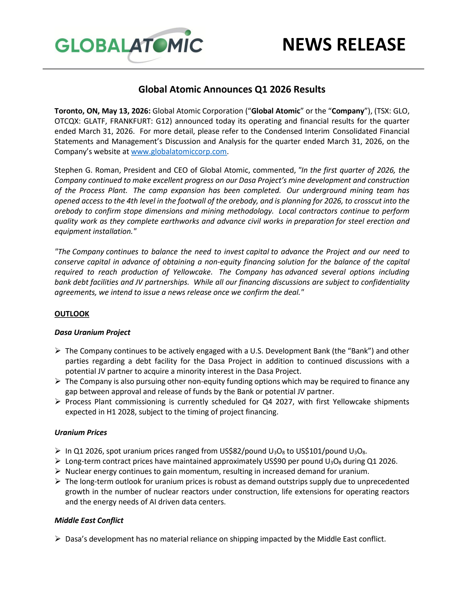 Global Atomic's Q1 2026 Press Release