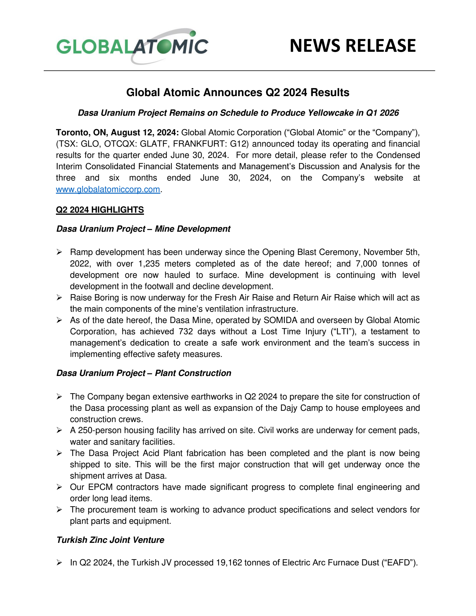 Global Atomic's Q2 2024 Press Release