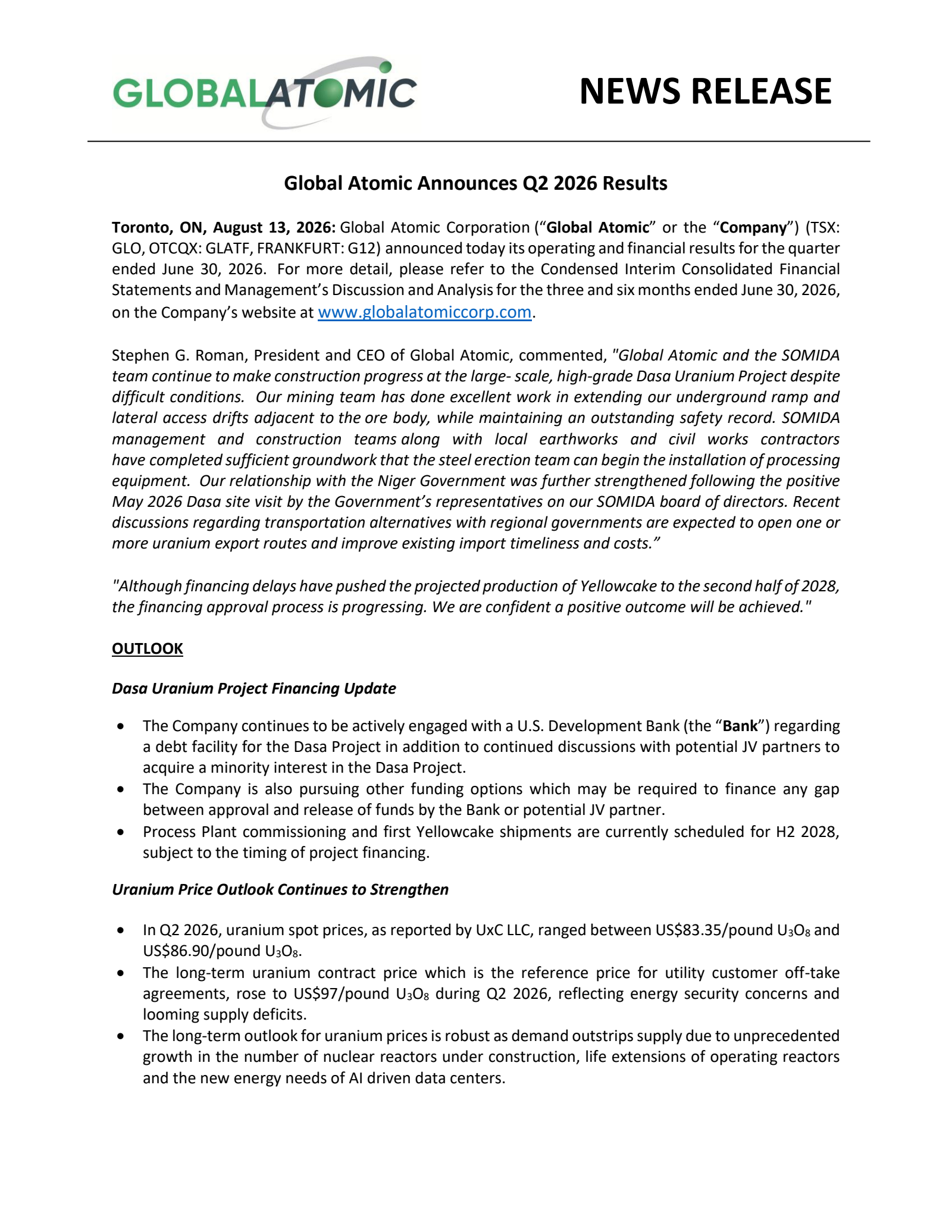 Global Atomic's Q2 2026 Press Release