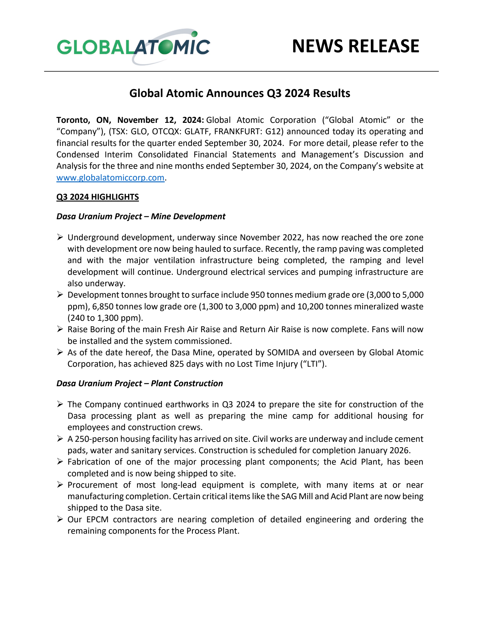 Global Atomic's Q3 2024 Press Release