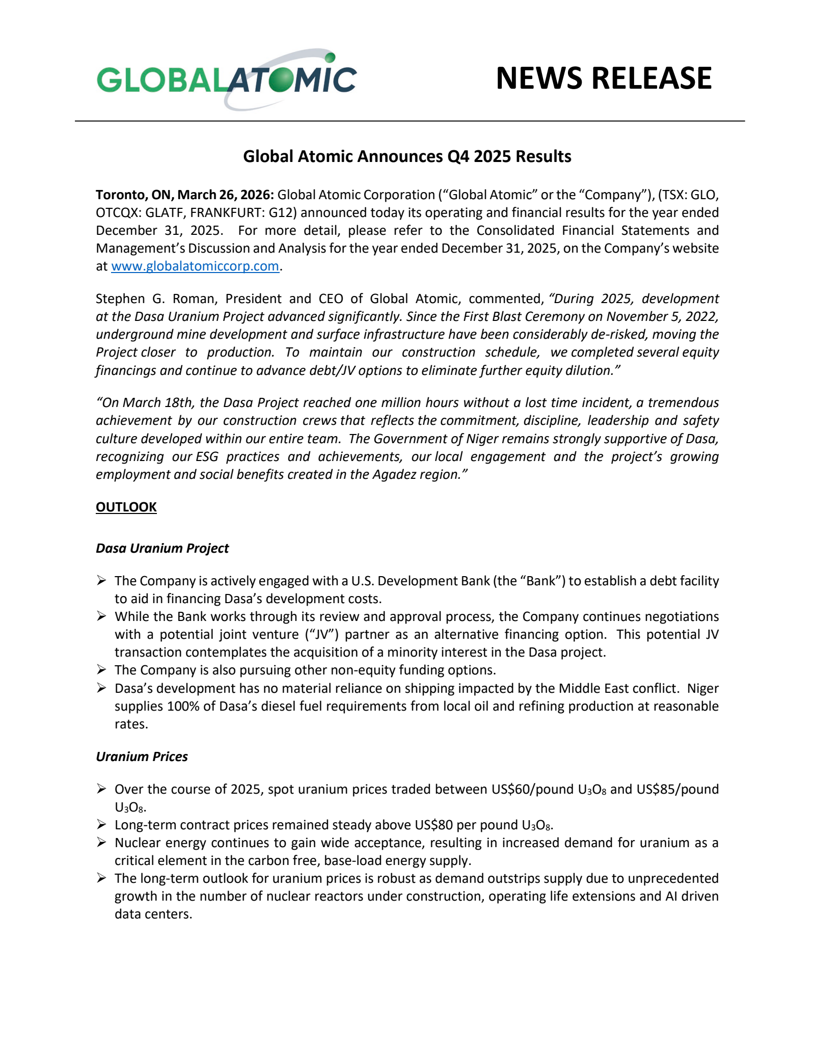 Global Atomic's Q4 2025 Press Release