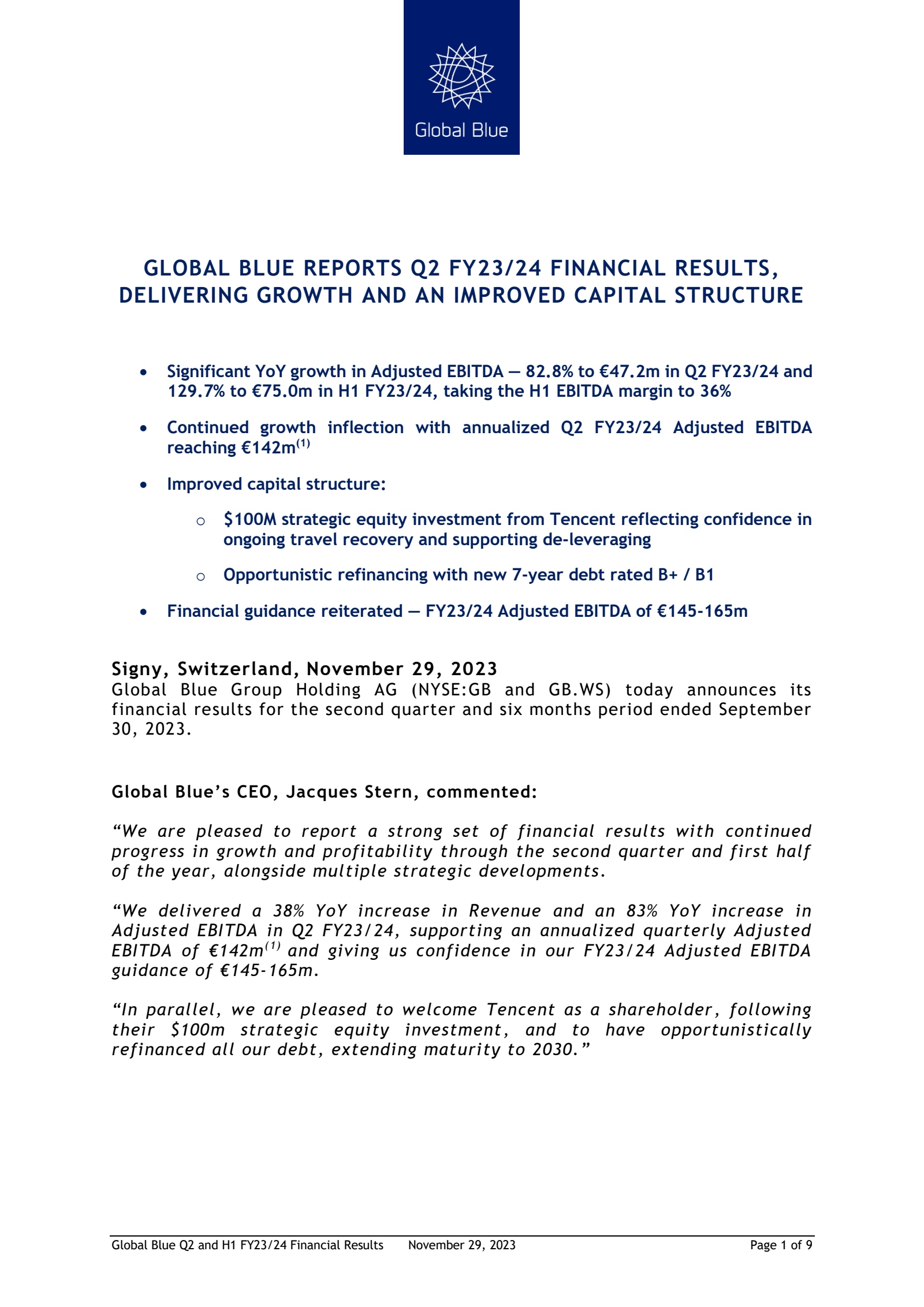 Global Blue Group's Q2 2024 Press Release