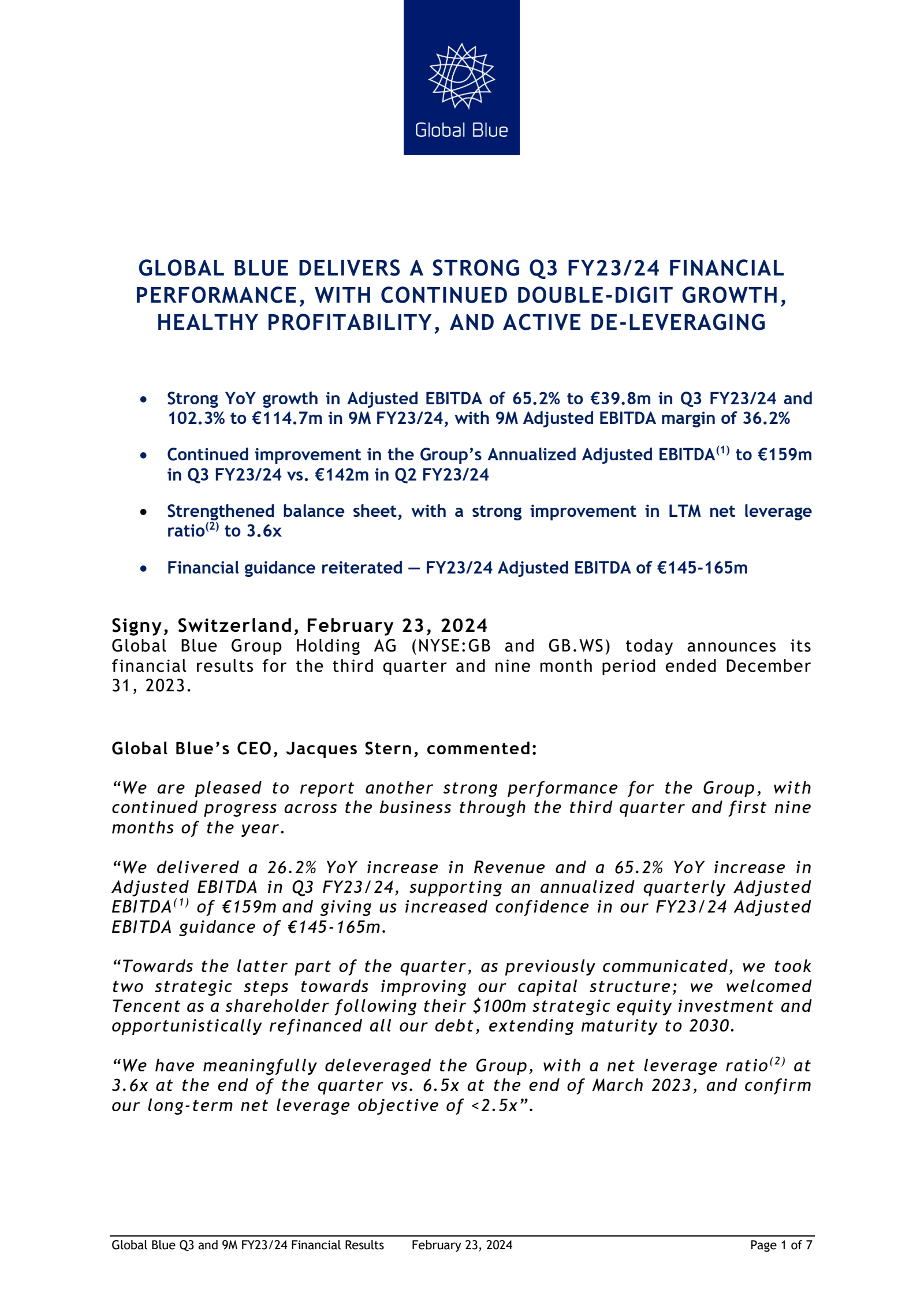 Global Blue Group's Q3 2024 Press Release