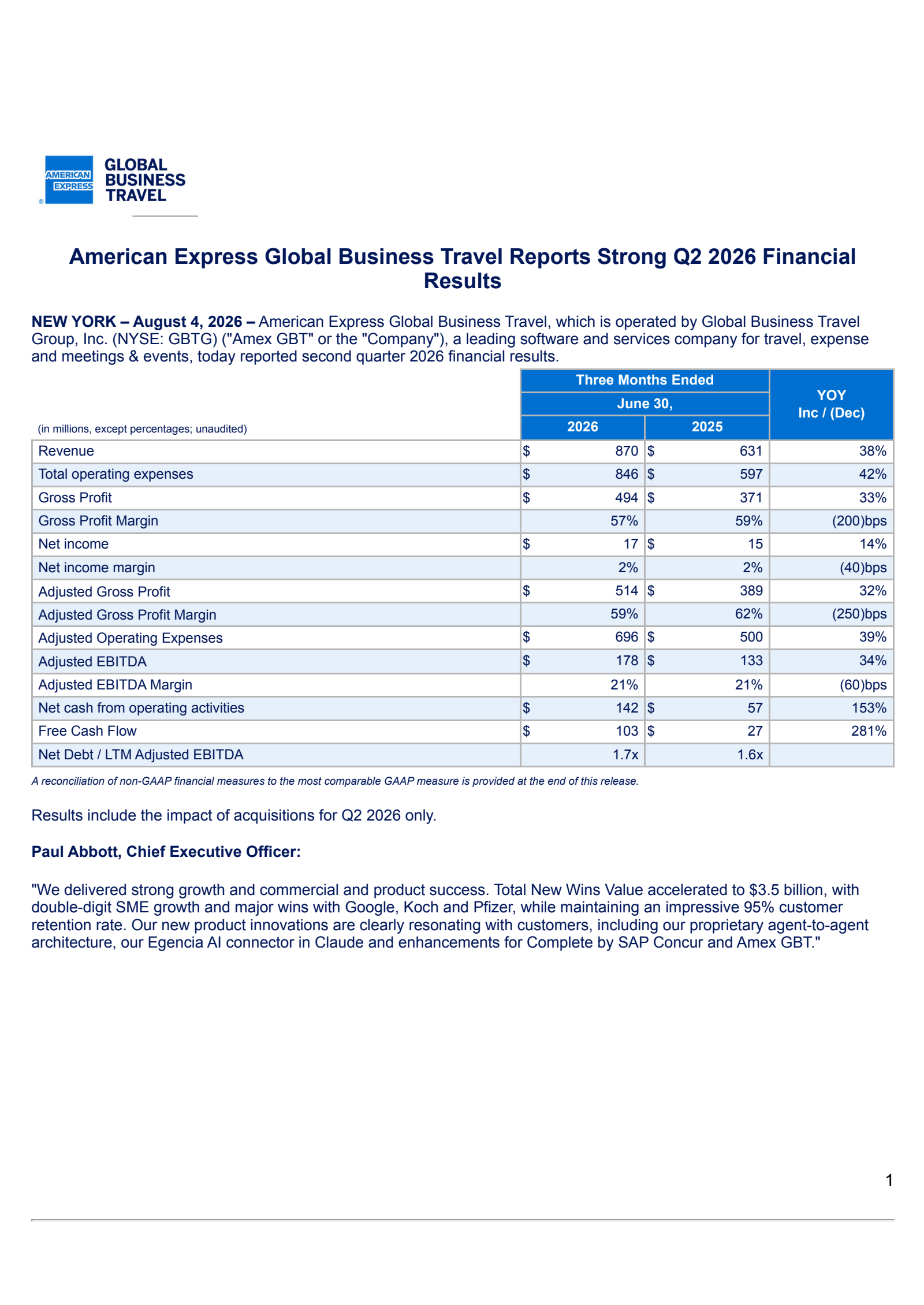 Global Business Travel Group's Q2 2026 Press Release