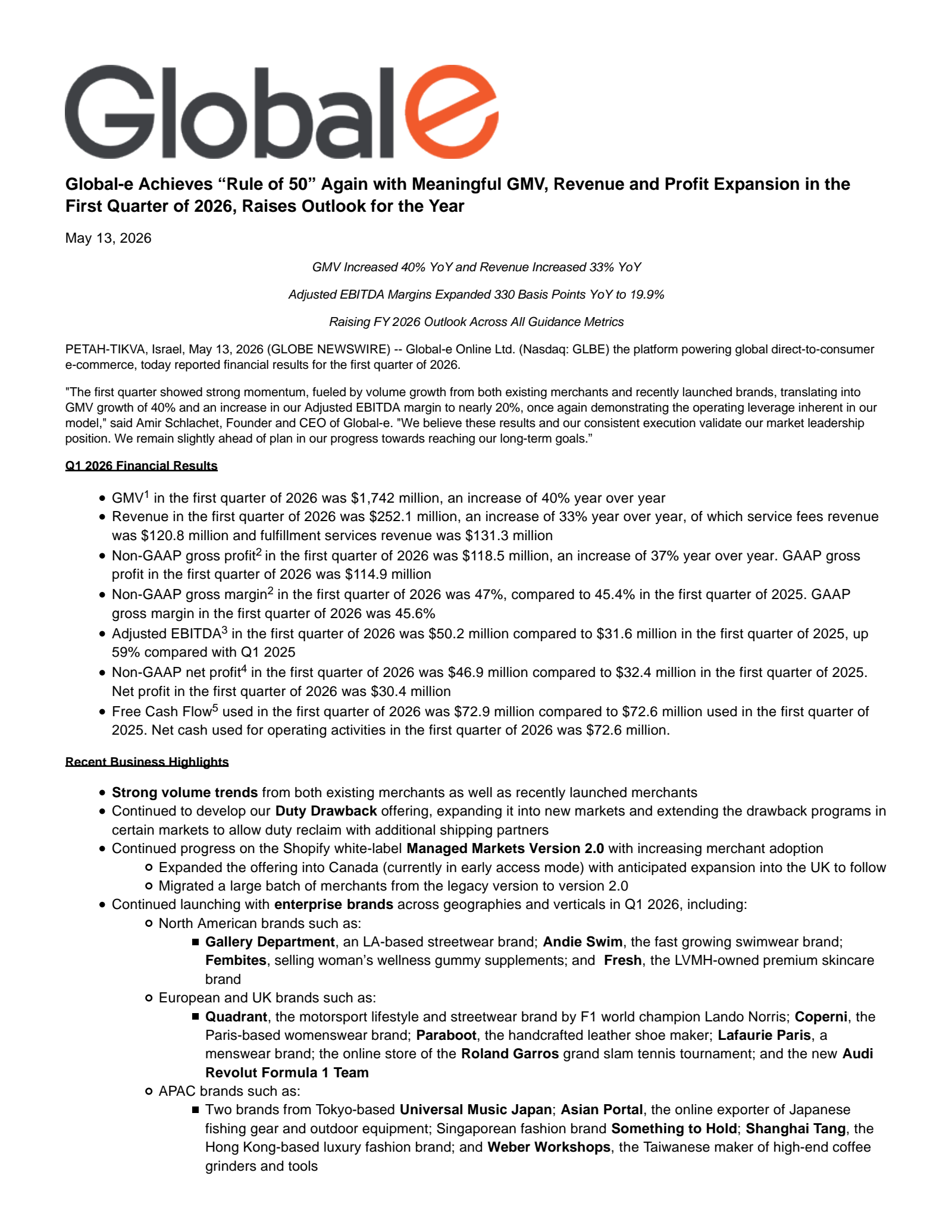 Global-e Online's Q1 2026 Press Release